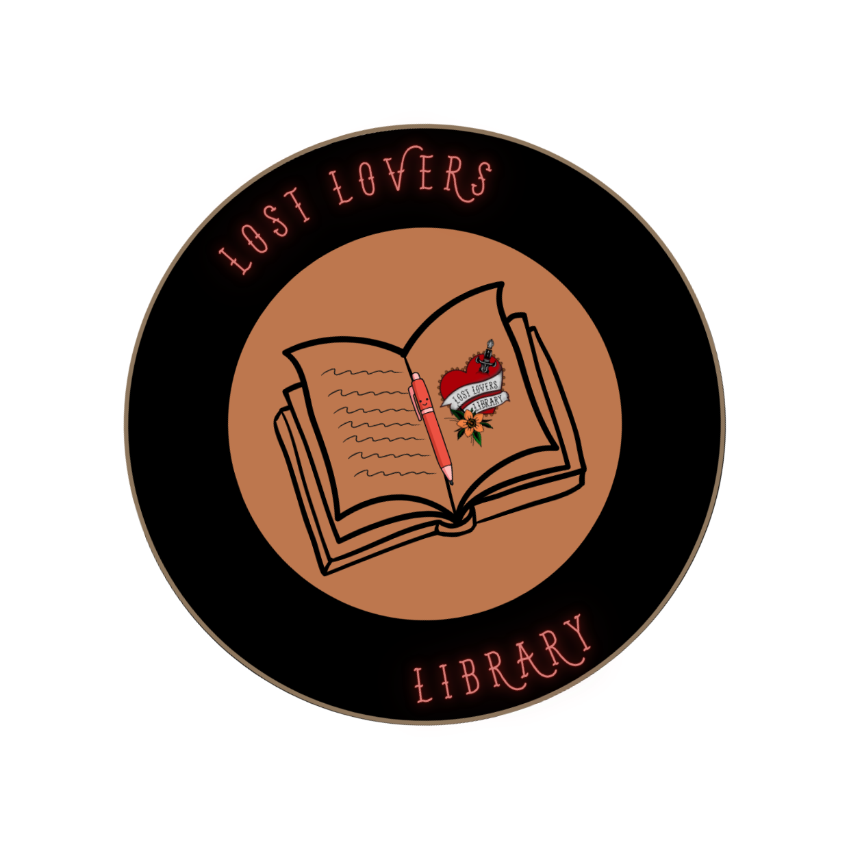 Logo for Lost Lovers Library featuring an open book with a pink pen resting on it, a tattooed heart with a banner that reads 'Lost Lovers,' and a flower below. The logo is encircled with a black ring containing pink neon text "Lost Lovers" at the top and "Library" at the bottom.