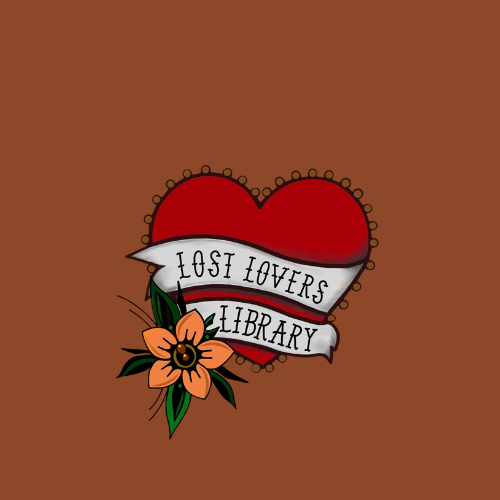 A red heart with a white banner that reads "Lost Lovers Library" and an orange flower with green leaves attached to it.