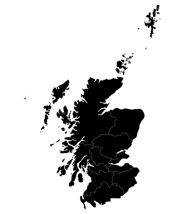Outline map of Ireland with county borders on a black background.