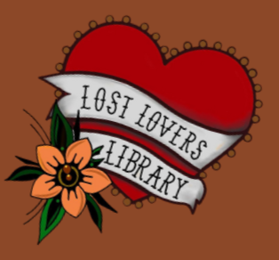 A red heart with a ribbon across it reading 'Lost Lovers Library' and an orange flower with green leaves next to it.