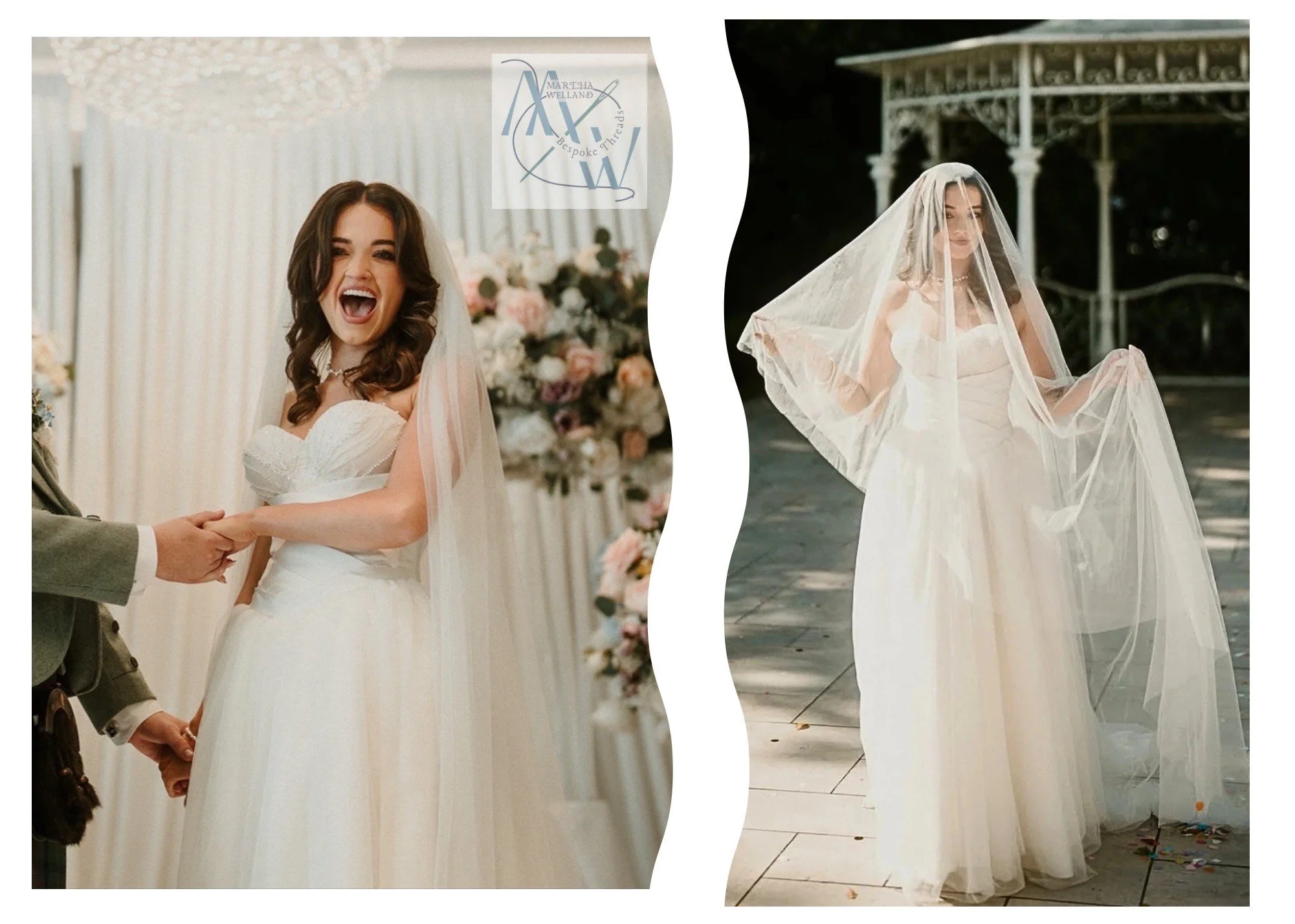 Two photos of women in wedding dresses. The left woman is smiling with long, dark hair, holding hands with a man, in an indoor wedding setting with floral arrangements in the background. The right woman is standing outdoors, wearing a wedding dress with a long veil, holding her veil, with a gazebo and trees in the background.