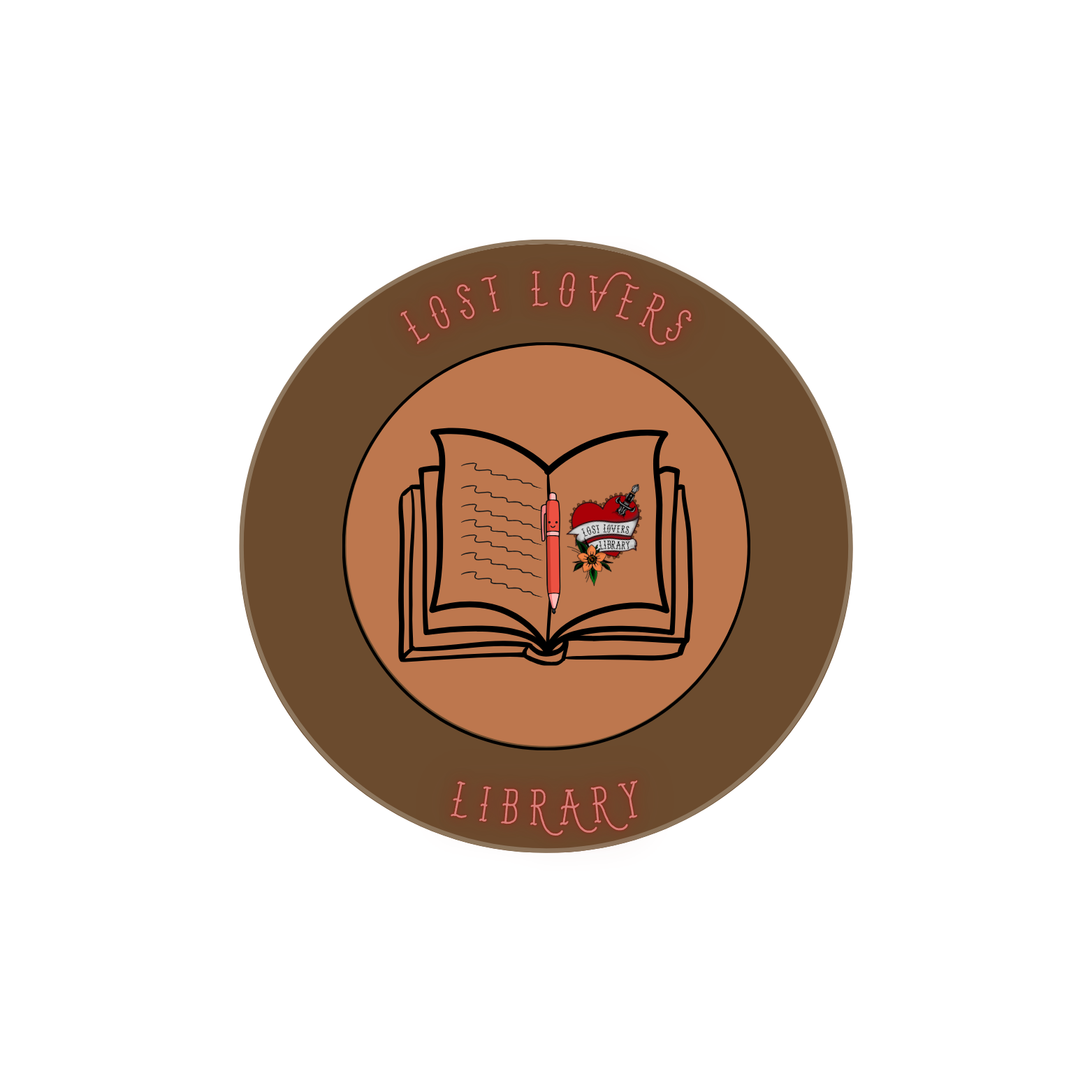 Logo for Lost Lovers Library featuring an open book with a pink pen, a red heart, a rose, and a banner reading 'Lost Lovers Library' on its pages, surrounded by a brown circle with the words 'Lost Lovers Library' in pink.
