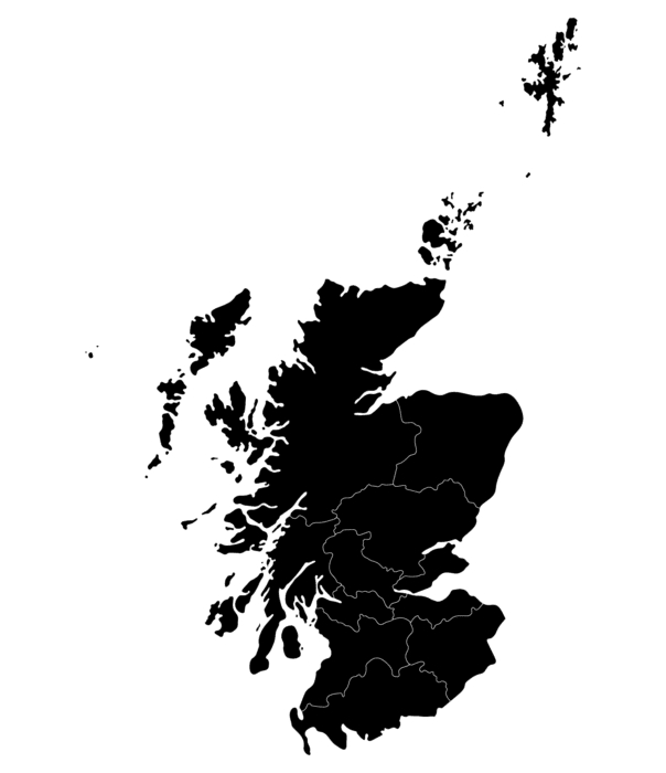 Outline map of Scotland with internal boundary lines, on a black background.