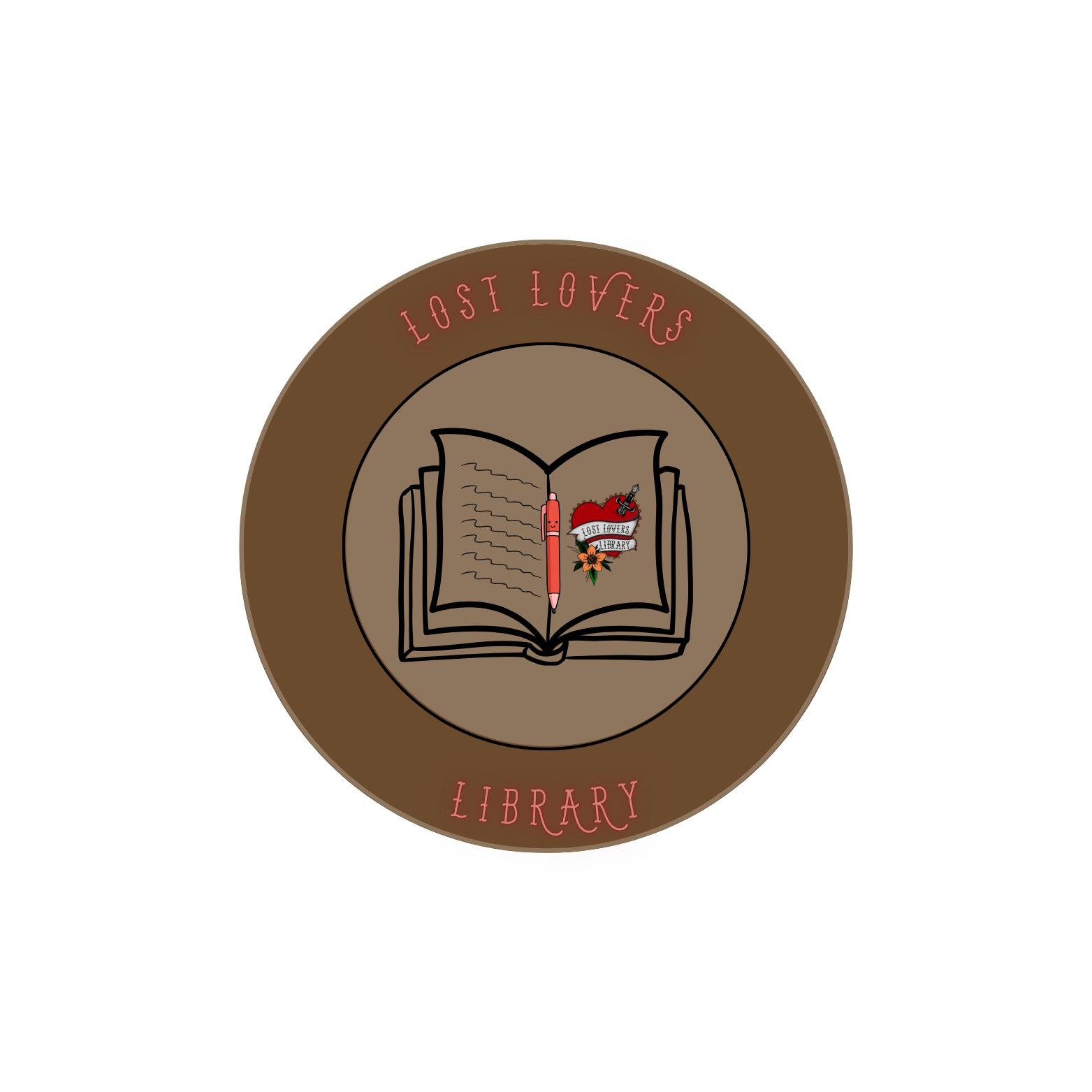 Logo for Lost Lovers Library featuring an open book with a pen, a rose, and a banner. Encircling the book are the words "Lost Lovers Library" in pink on a brown background.