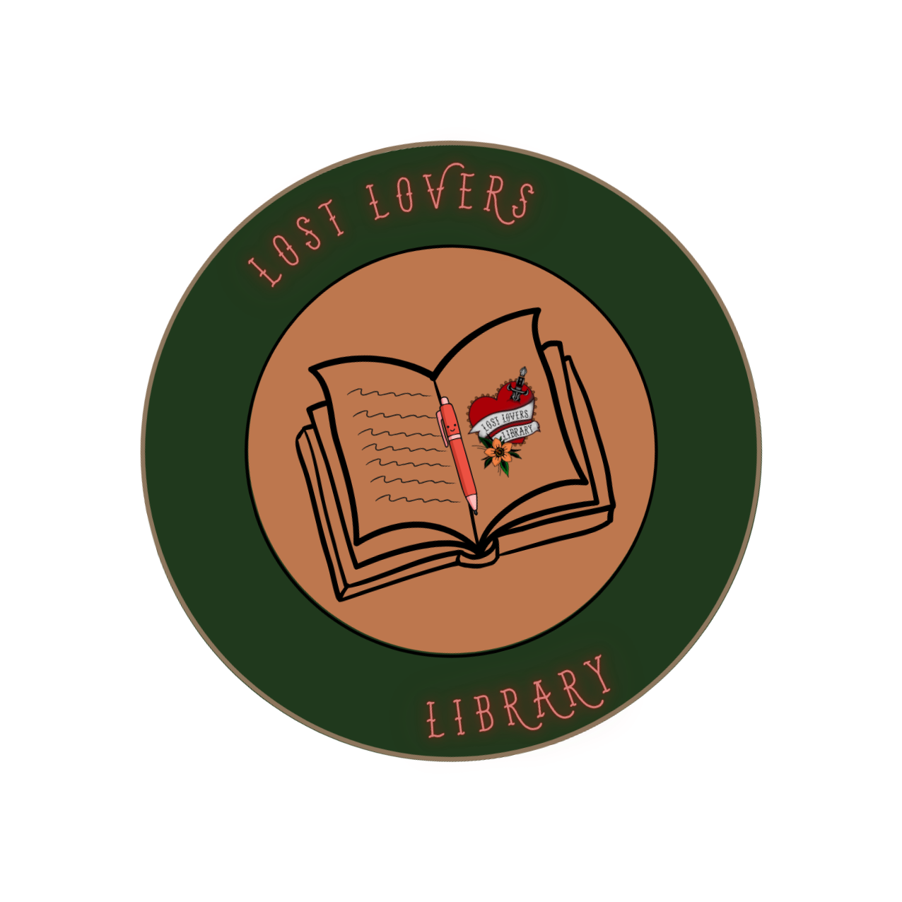 A circular logo with a dark green border and red accents, featuring an open book with a pink pen and a red heart with a banner reading 'Lost Lovers' inside. The text 'Lost Lovers' appears at the top of the border and 'Library' at the bottom, in red font.