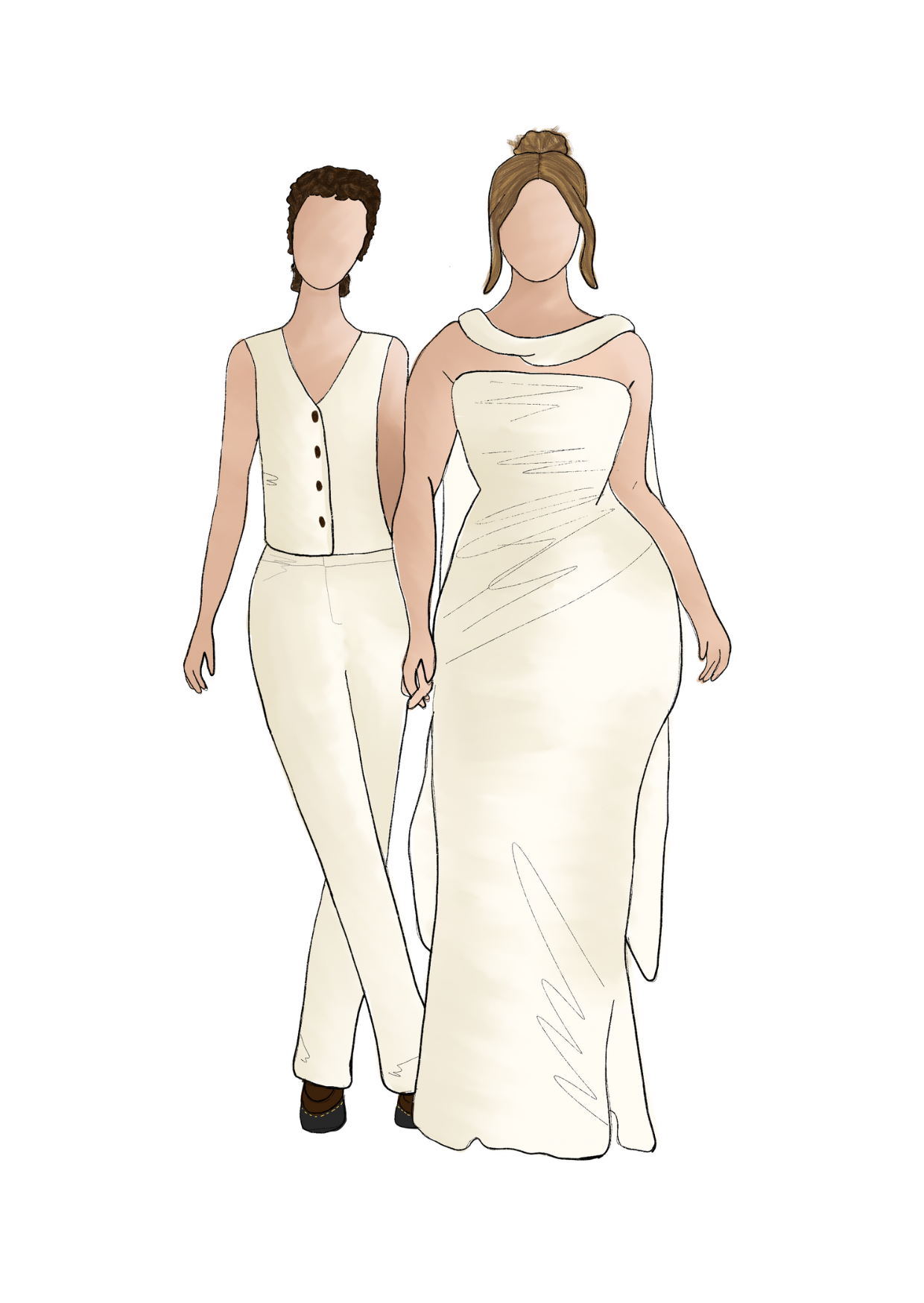 Illustration of two women wearing white outfits, one in a pantsuit and the other in a long gown, holding hands with their faces not detailed.