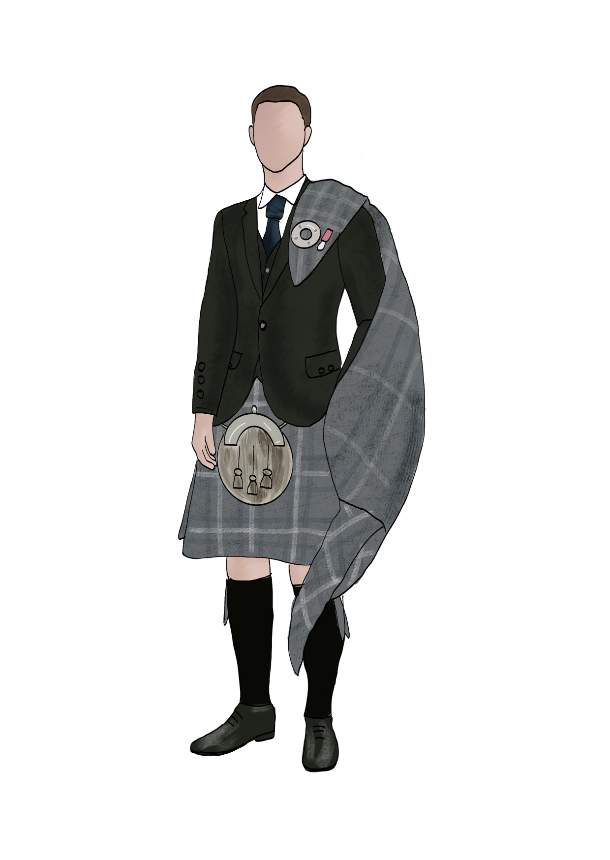 Drawing of a person wearing traditional Scottish attire, including a kilt, a blazer, and accessories, with a modern, faceless appearance.