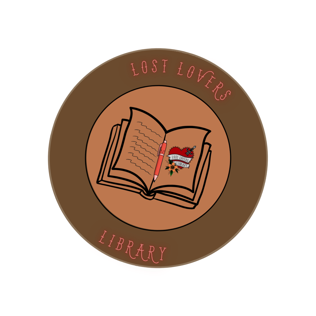 A circular logo for Lost Lovers Library featuring an illustration of an open book, a pen, and a tattoo-style heart with a banner that reads "Lost Lovers" and a flower. The outer ring contains the words "Lost Lovers" at the top and "Library" at the bottom in pink letters.