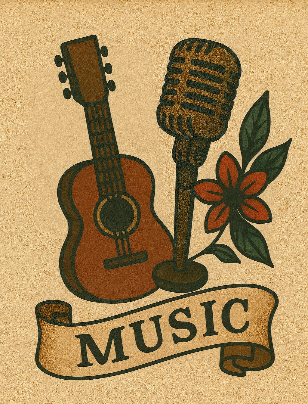 Illustration of a guitar, a vintage microphone, a flower, and a banner with the word 'Music' on a textured beige background.