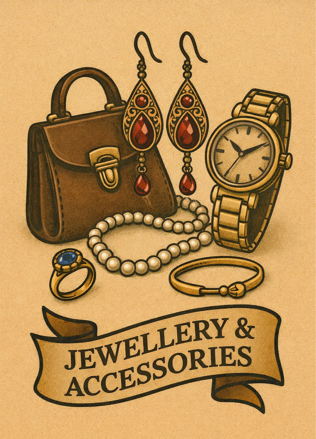 Illustration of jewelry and accessories including a pair of red gemstone earrings, a pearl necklace, a gold bracelet, a ring with a blue gemstone, a wristwatch, and a brown handbag, with a banner reading "Jewellery & Accessories".