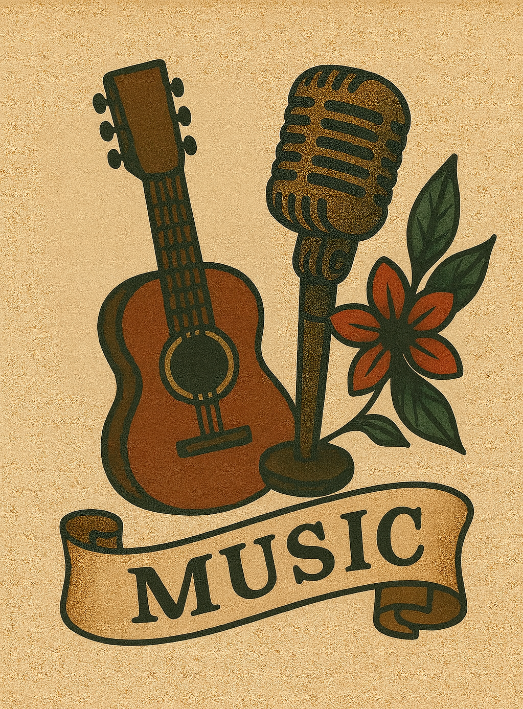 A drawing of a guitar, a vintage microphone, a flower with leaves, and the word "Music" on a banner.