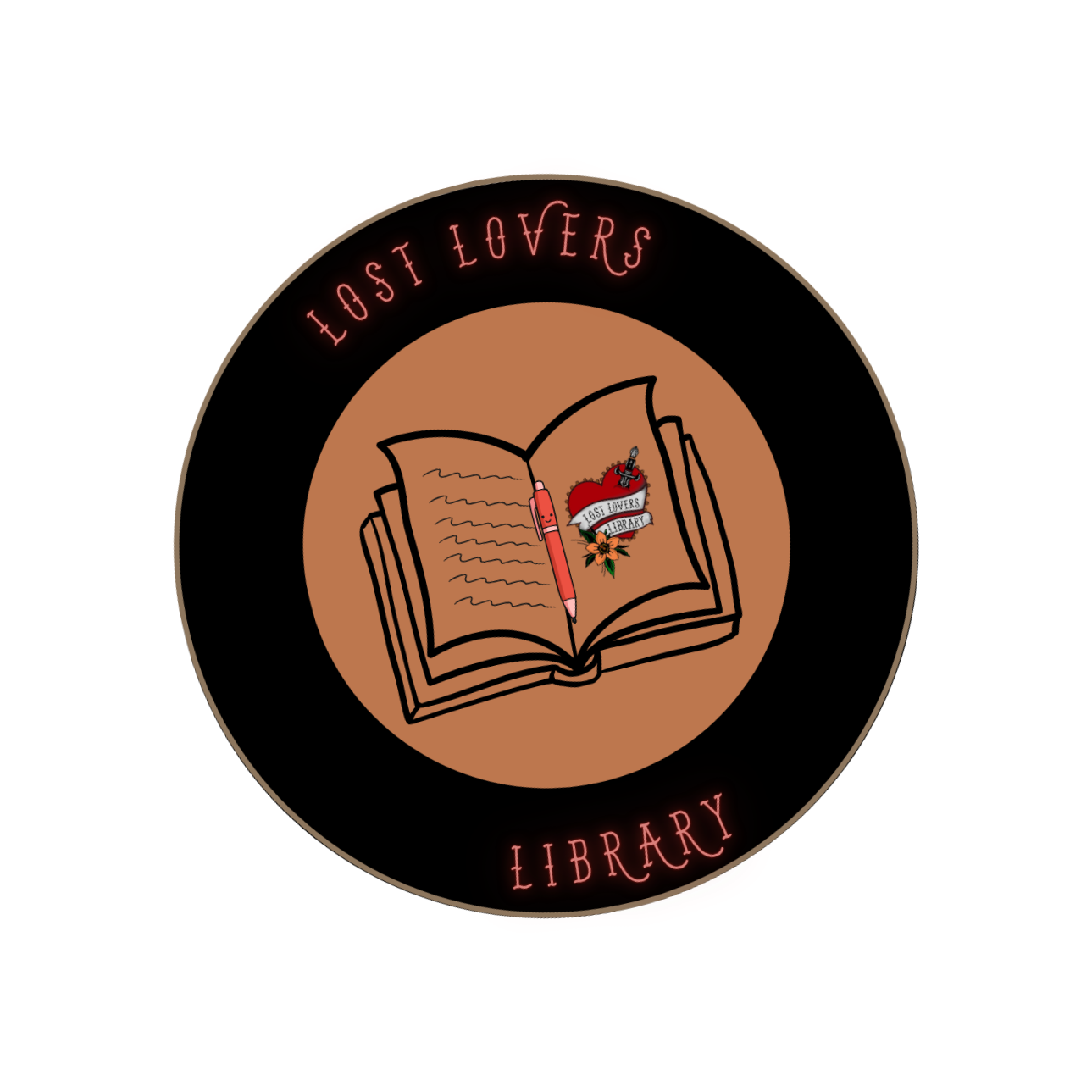Logo for Lost Lovers Library, featuring an open book with a tattoo-style heart, a tattoo machine, and a pen, with the text "Lost Lovers" and "Library" in neon style.