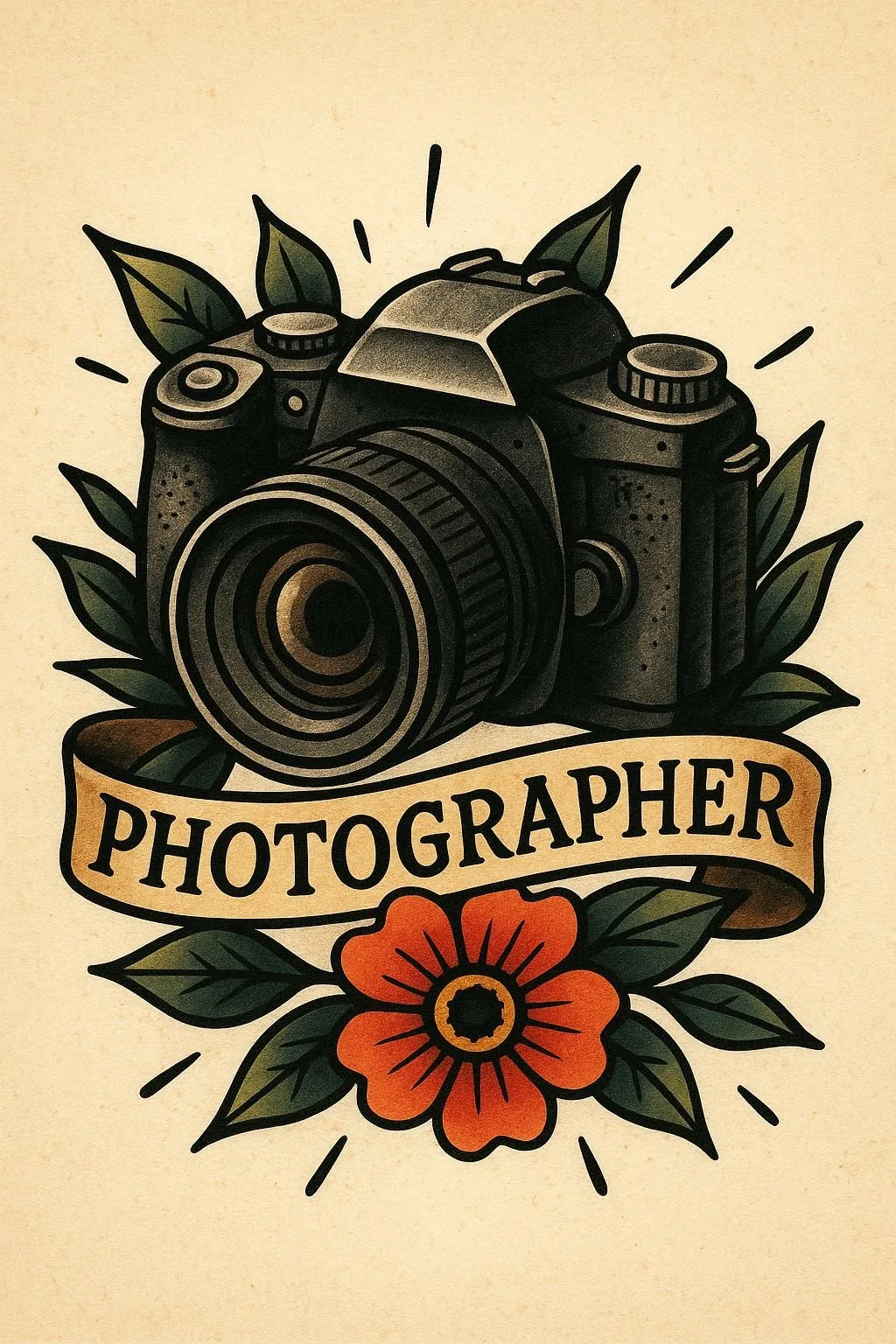 A tattoo-style illustration of a camera surrounded by leaves and a flower, with a banner reading 'Photographer' beneath.