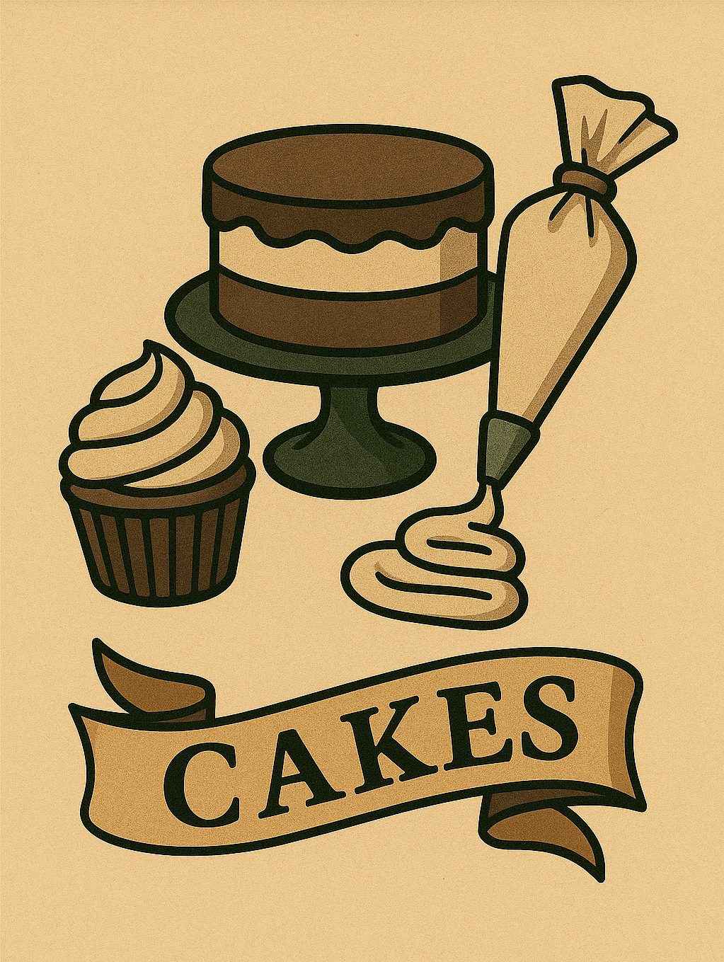 A logo with a cake, a cupcake, a piping bag, and a banner with the word CAKES on it.
