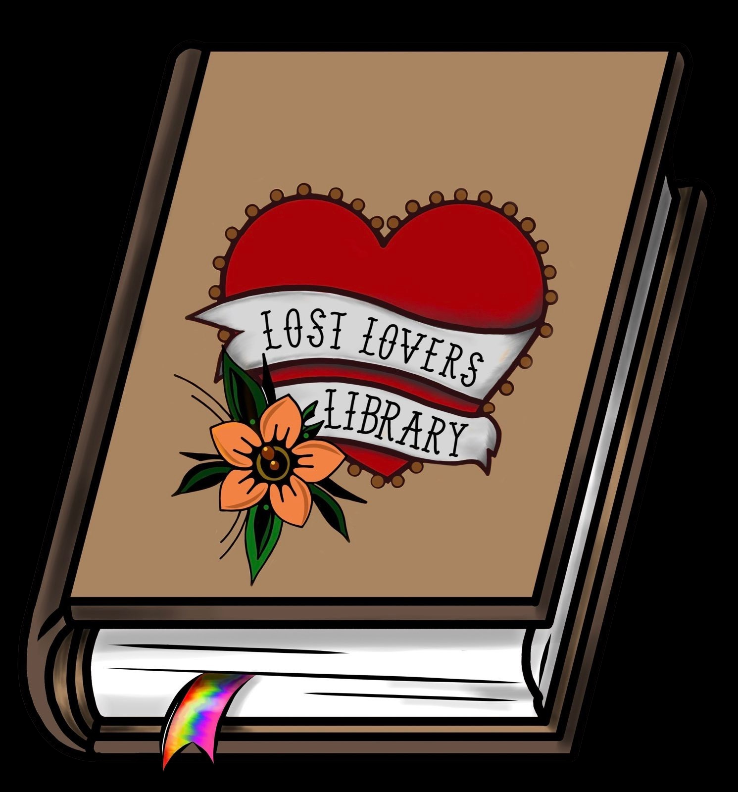 Illustration of a book with a cover titled 'Lost Lovers Library' featuring a heart with a banner and a flower.