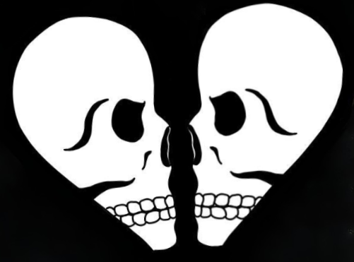 Black and white image of two skulls forming the shape of a broken heart.