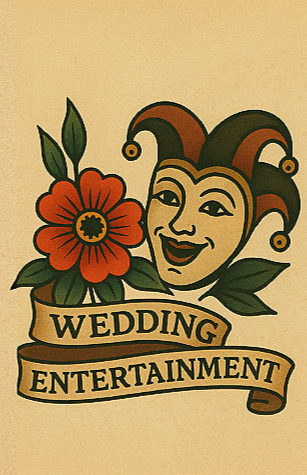 A colorful tattoo design featuring a jester's face with a smiling expression, a large red flower with green leaves, and a banner reading "Wedding Entertainment".