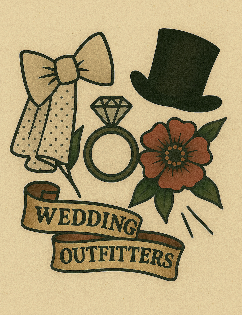 Illustration of wedding accessories including a bow tie, diamond ring, top hat, flower, and a banner that reads 'Wedding Outfitters'.
