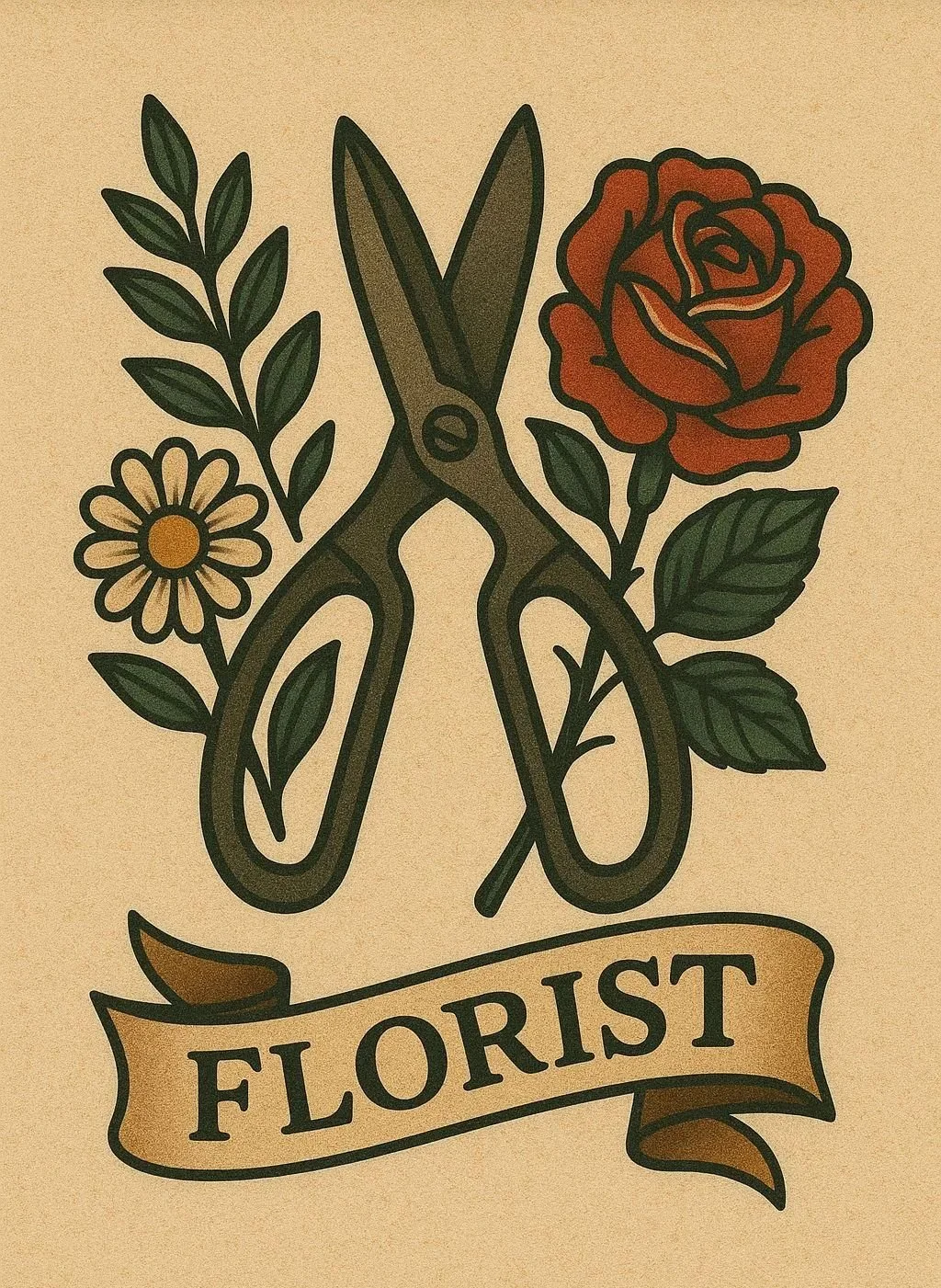 Illustration of scissors surrounded by a flower, a rose, and a fern, with the word "Florist" on a banner below.