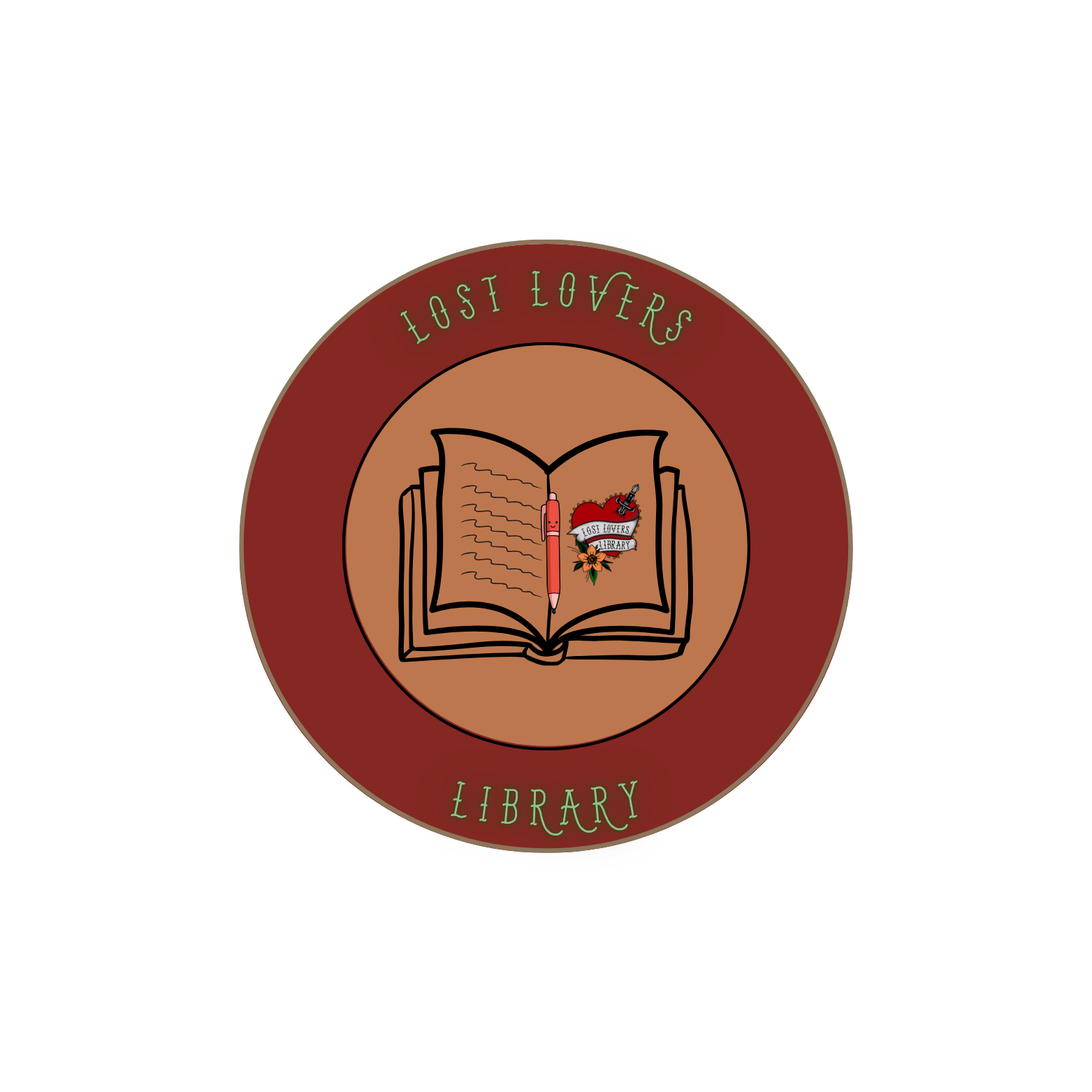 Logo of Lost Lovers Library featuring an open book with a red pen on the left page, a tattoo style heart on the right page, and the words "Lost Lovers" and "Library"