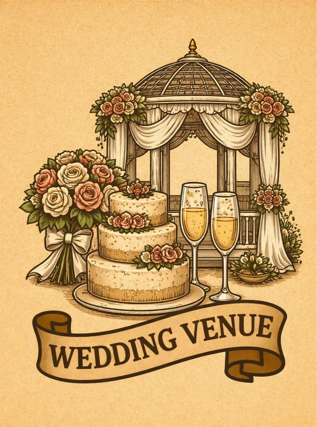 Illustration of a wedding venue with a wedding cake, two glasses of champagne, bouquets of flowers, and a decorated gazebo, with a banner that reads 'Wedding Venue'.