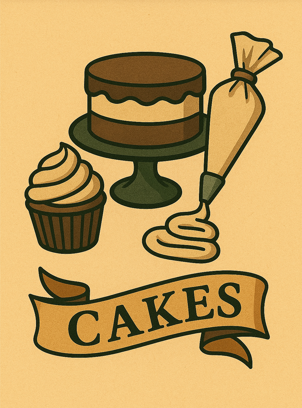 Illustration of assorted baked goods including a cake on a stand, a cupcake, a piping bag with frosting, and a banner with the word 'CAKES'.