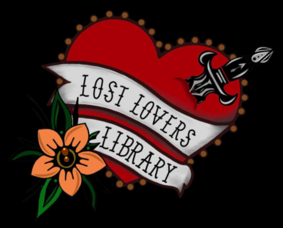 A red heart with a black dagger through it, surrounded by dotted lines. A white banner across the heart reads 'I GOST LOVERS LIBRARY'. An orange flower with green leaves is attached to the heart on the bottom left.