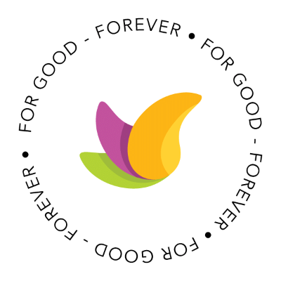 A stylized graphic of a purple, yellow, and green flower with a circular text wrapping around it that reads, 'FOR GOOD - FOREVER - FOR GOOD'.