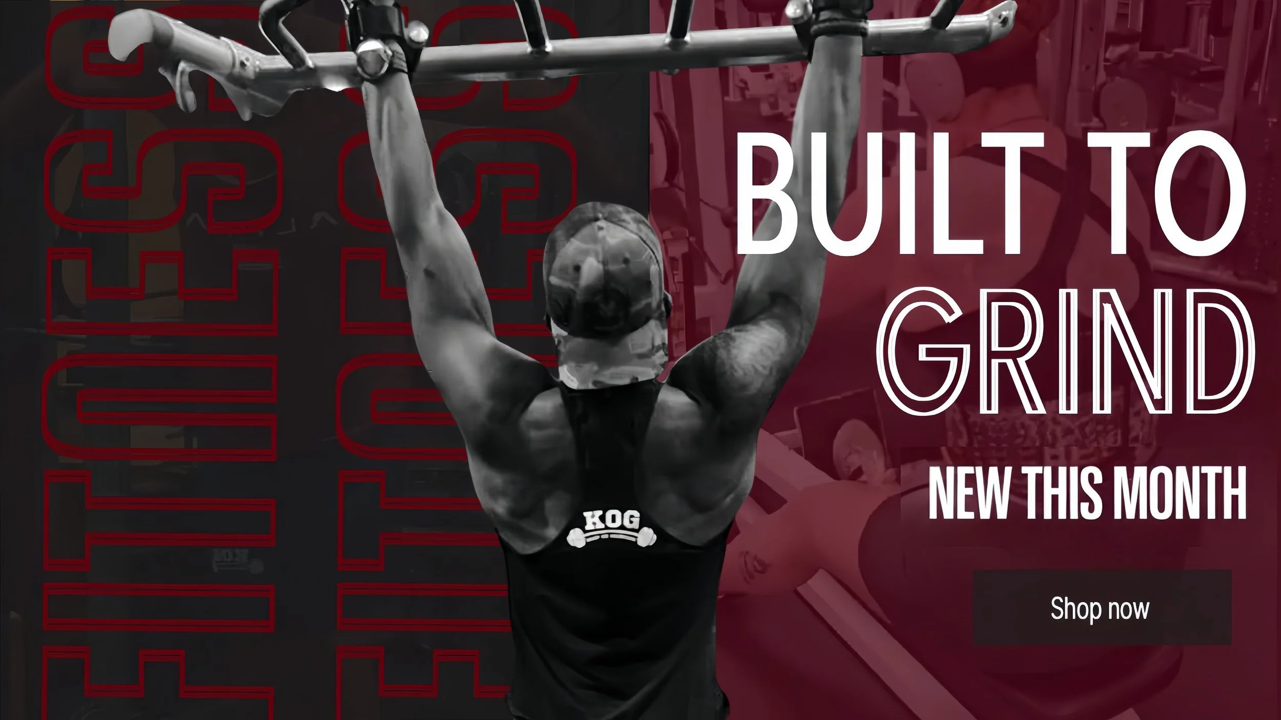 A man lifting weights at the gym with the text 'Built to Grind. New this month. Shop now' overlaid, with a background of gym equipment and stylized red patterns.