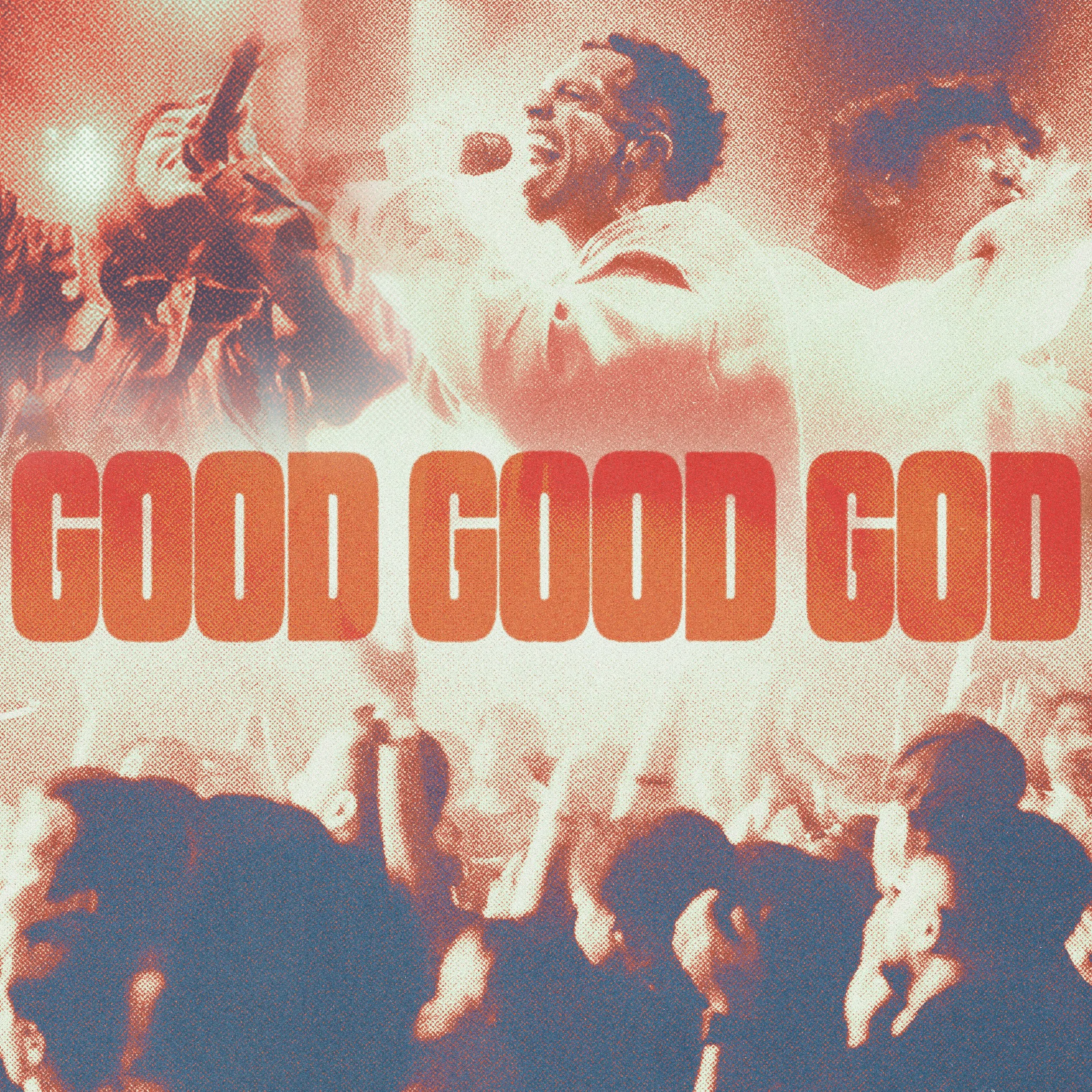 A vintage-style poster featuring a man with glasses and curly hair, singing into a microphone, surrounded by a crowd of people, with the words 'Good Good Good' in bold, orange letters.