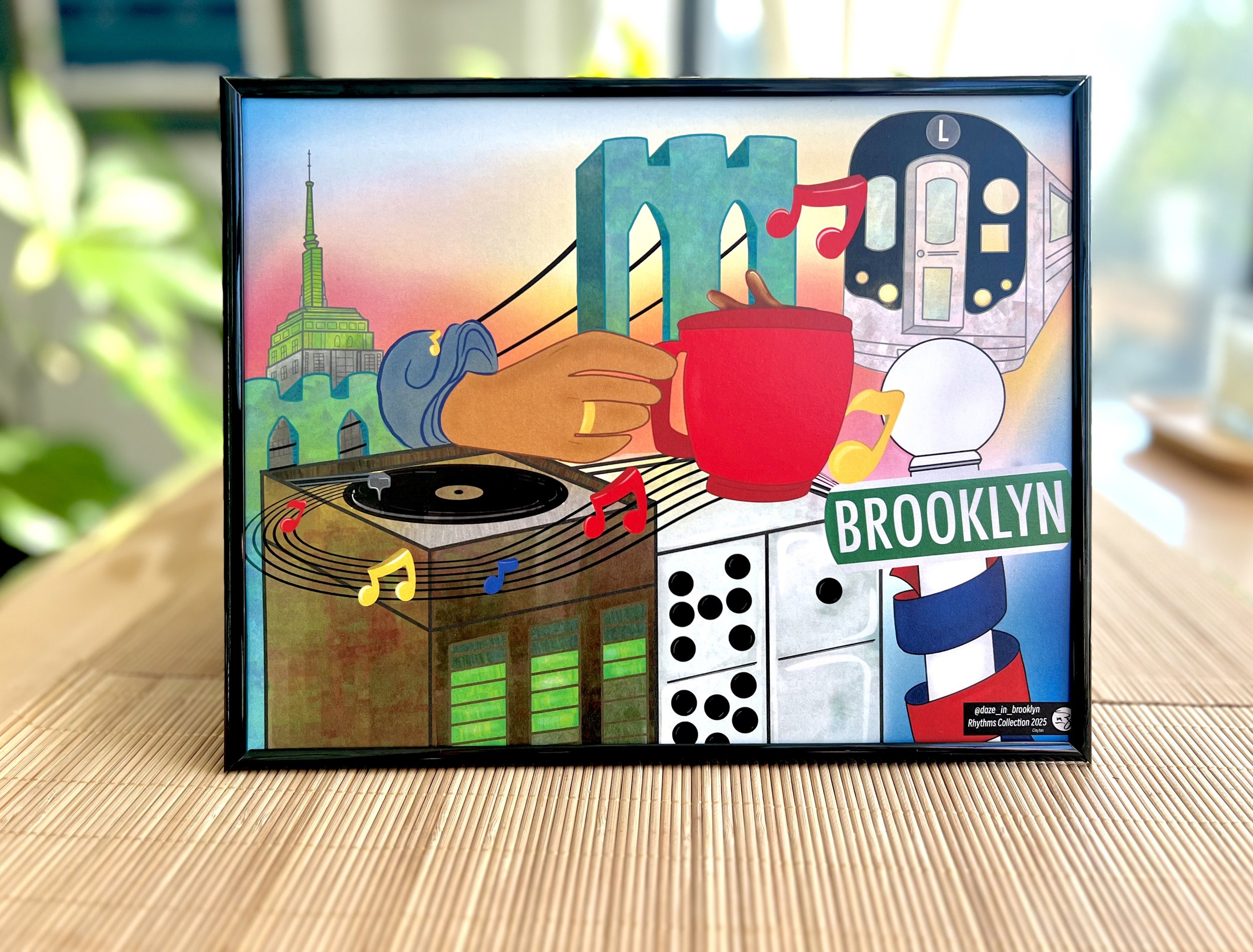 Brooklyn 
This piece celebrates the heart and rhythm of Bushwick, Brooklyn—a tribute to community, culture, and connection. Iconic symbols fill the scene: the L train, the Brooklyn Bridge, The Empire State Building and the classic barbershop red and 