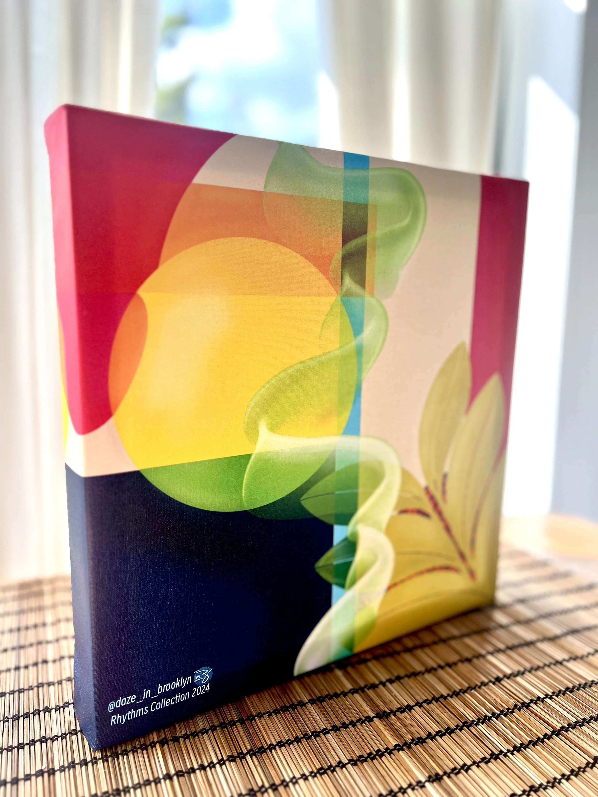 Rhythms 
This piece honors moments in life while leaving space for personal interpretation. One interpretation sees the yellow as the sun—a source of energy and illumination—while the flowing green represents our journey, moving continuously like the