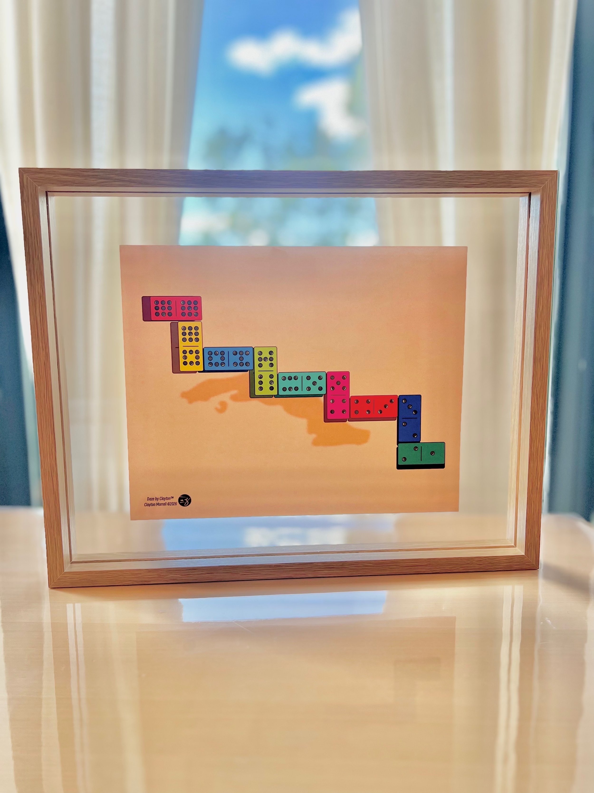 Dominoes
An abstract interpretation of the shape of Cuba emerges through a series of dominoes, while their shadow reveals the island itself. Beginning with the iconic double-nine tile and ending on a 2-1, the composition carries a sense of movement a