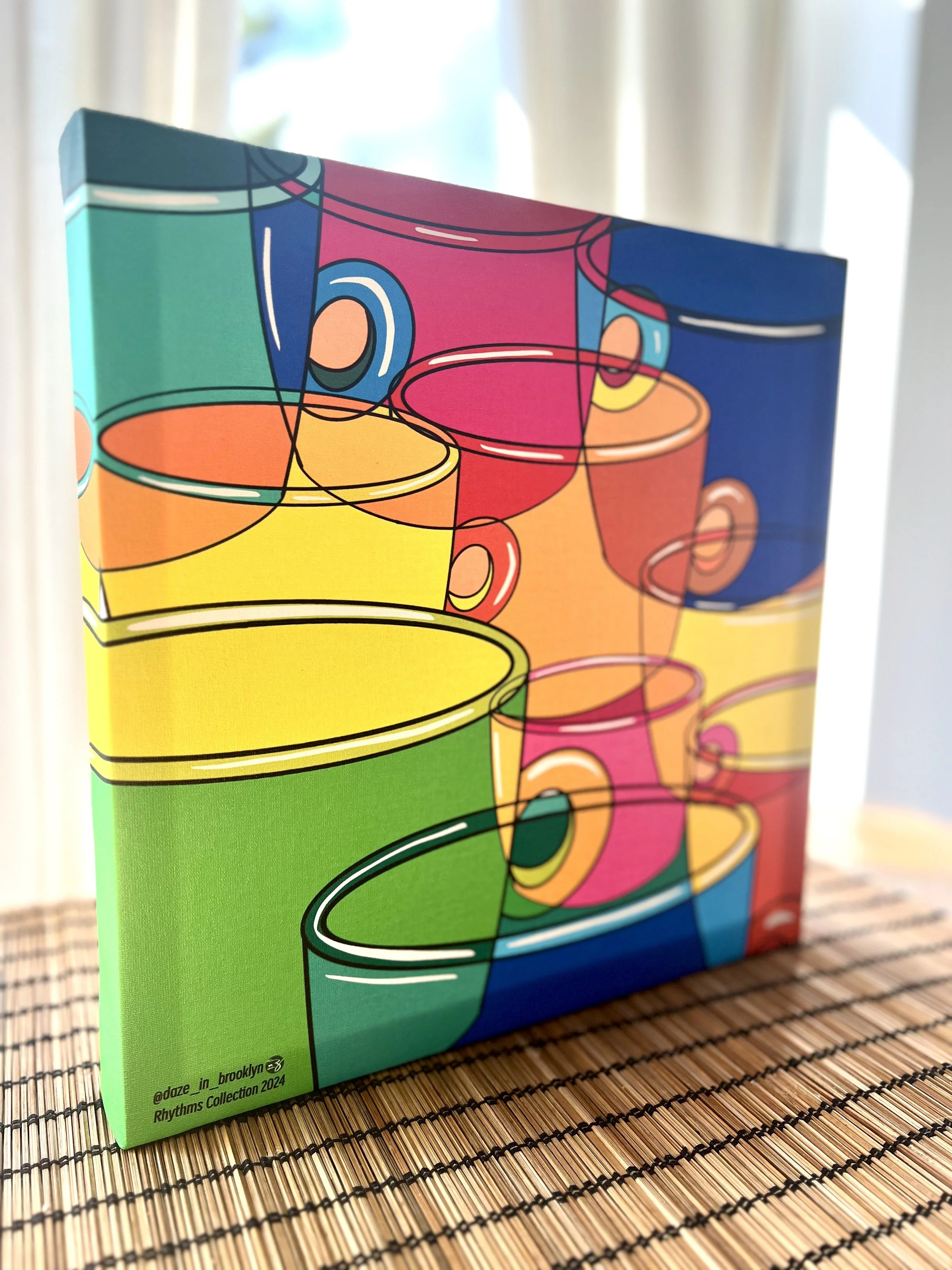 Cups
Cups is a vibrant celebration of community and shared moments. The colorful cups symbolize gatherings over coffee or tea—representing connection, warmth, and togetherness. Their overlapping forms embody the diversity and unity found when people 