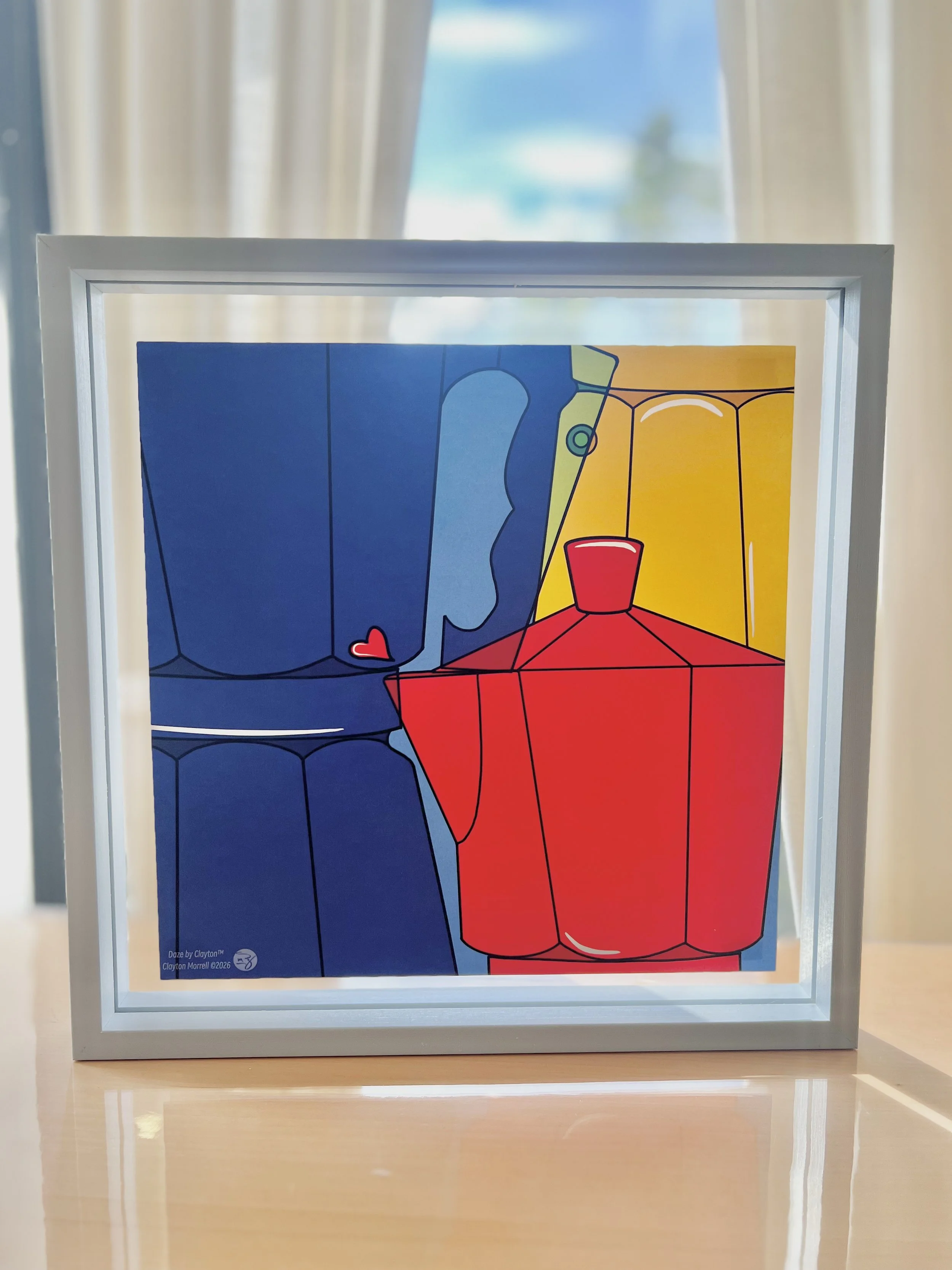 Brewing Love
A close-up of the moka pot, where familiar parts become abstract shapes. The blue represents the water chamber, the yellow the coffee grounds, and the red the finished brew. At its center, a small heart symbolizes coffee made and shared 