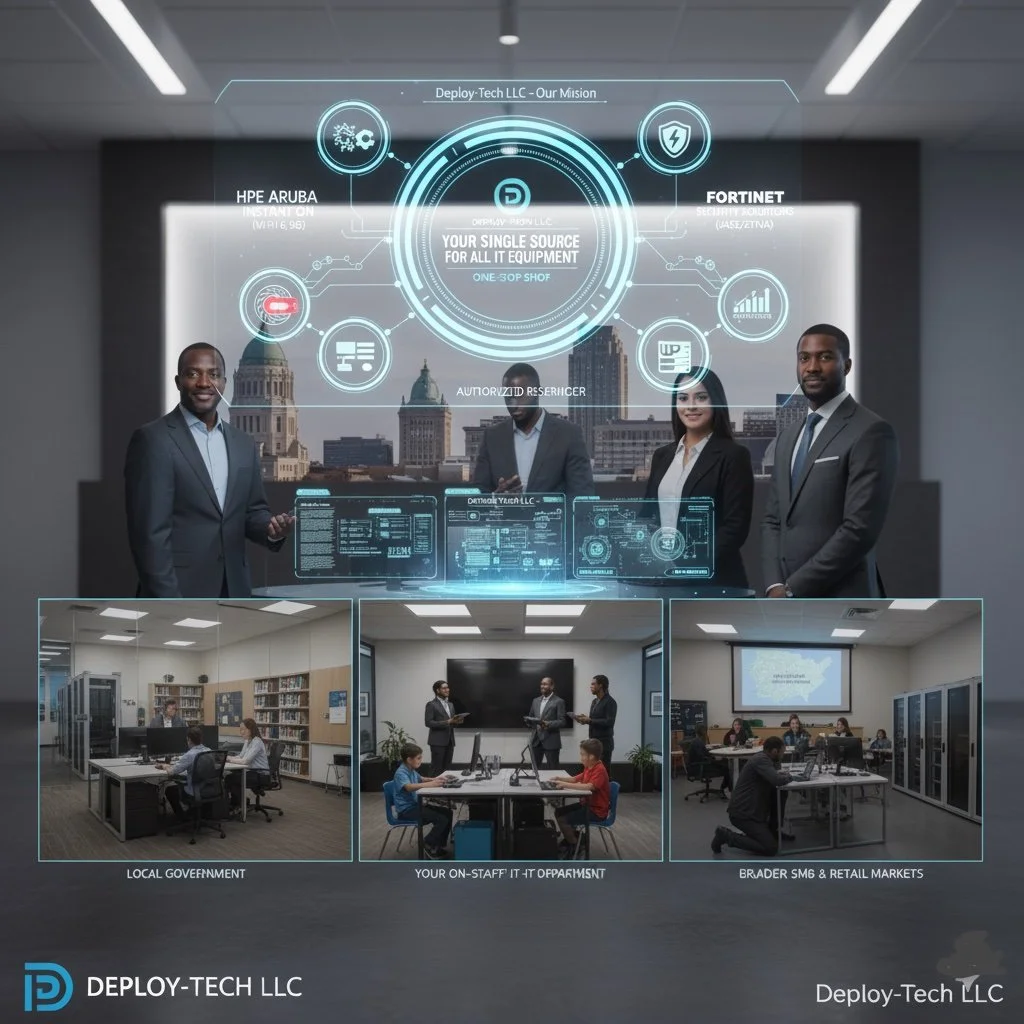 The image shows a modern business meeting scene with four professionals in suits standing in front of a cityscape background with a large digital overlay of technology and IT infrastructure graphics. Below, three smaller images display scenes of local government offices, an on-staff IT department, and a retail market setting, all related to deploy-tech LLC, a tech company providing IT equipment and services.