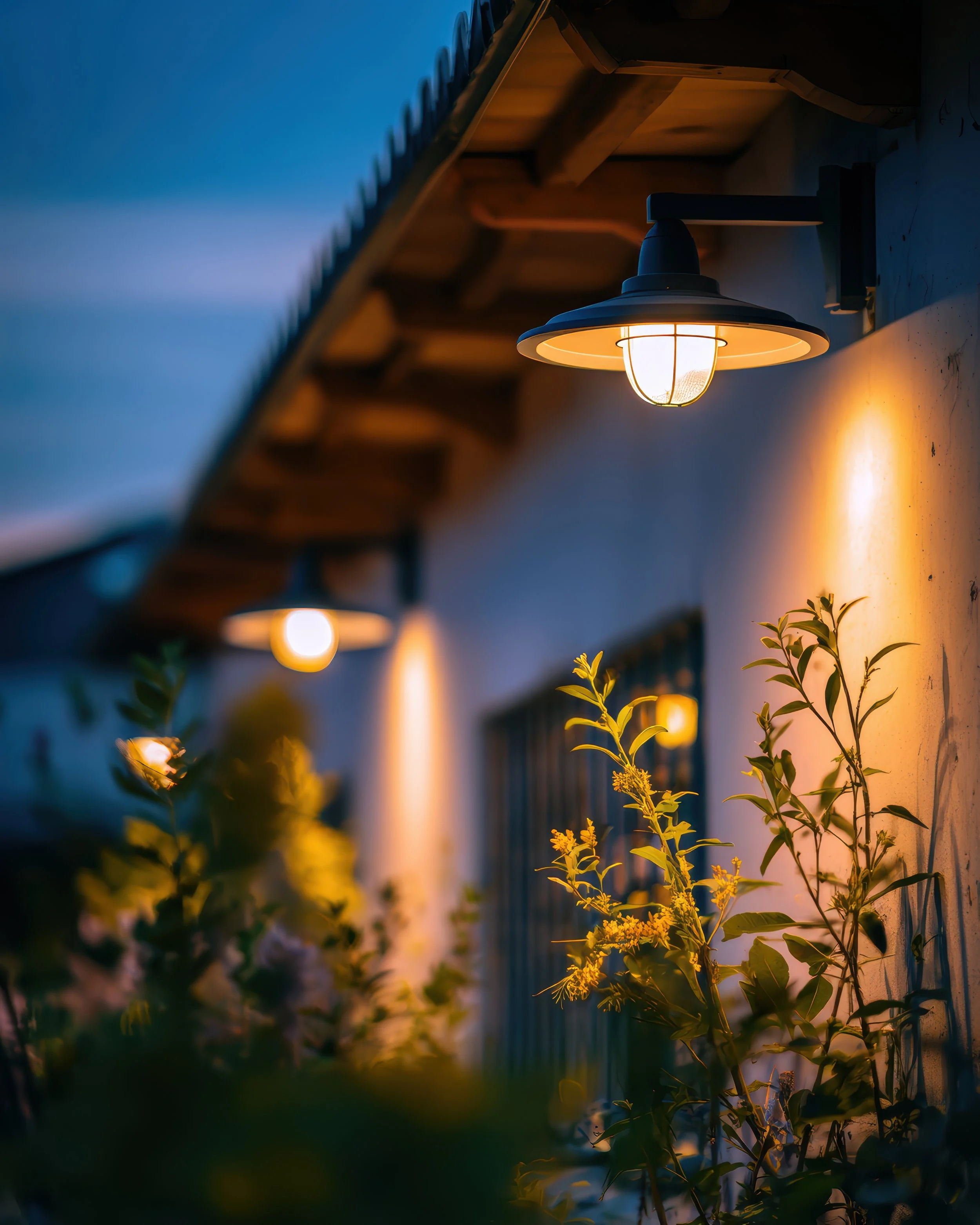 Outdoor wall-mounted lamps illuminating a patio area with plants during dusk.