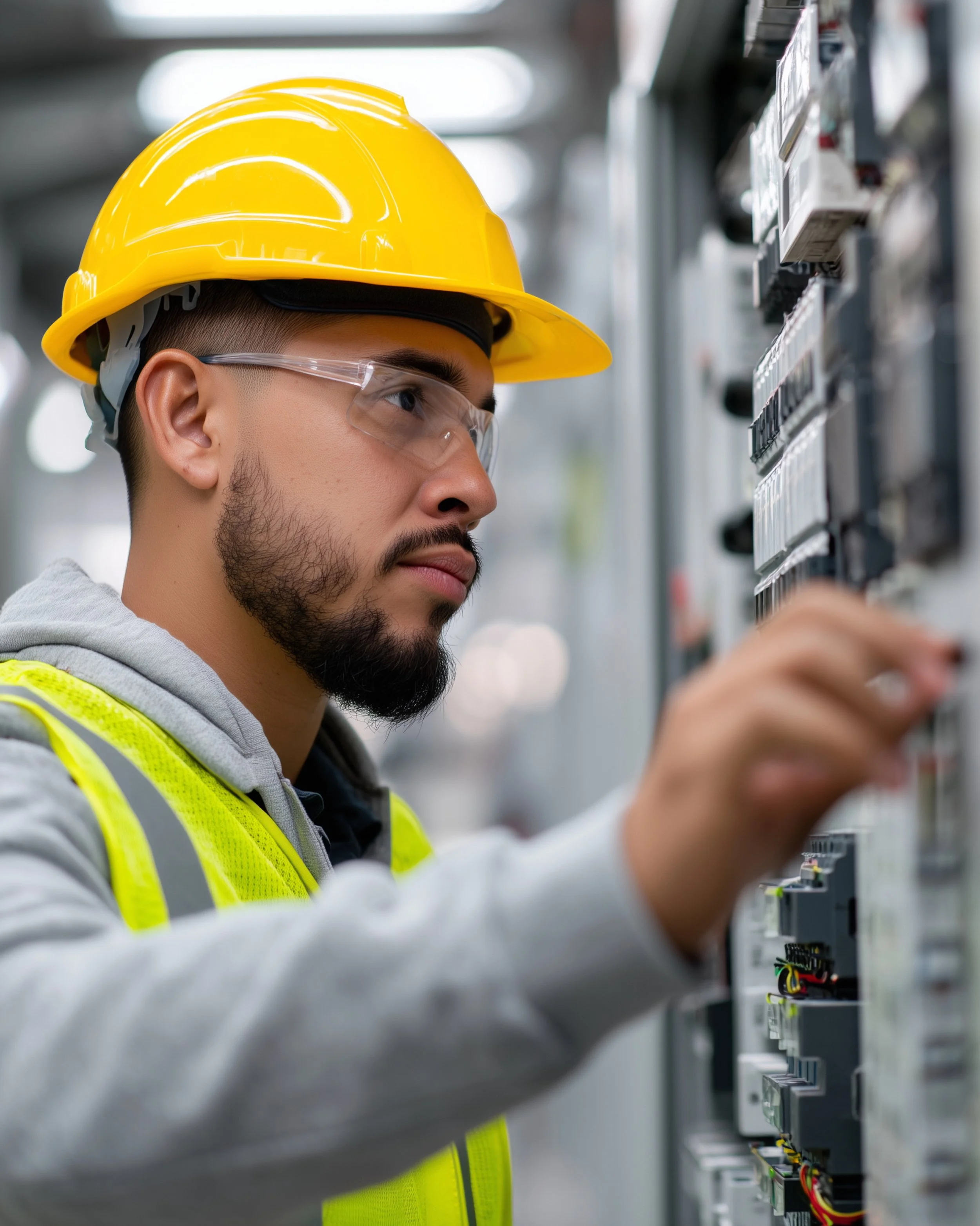 A man wearing a yellow safety helmet and clear safety glasses working on electrical control panels.