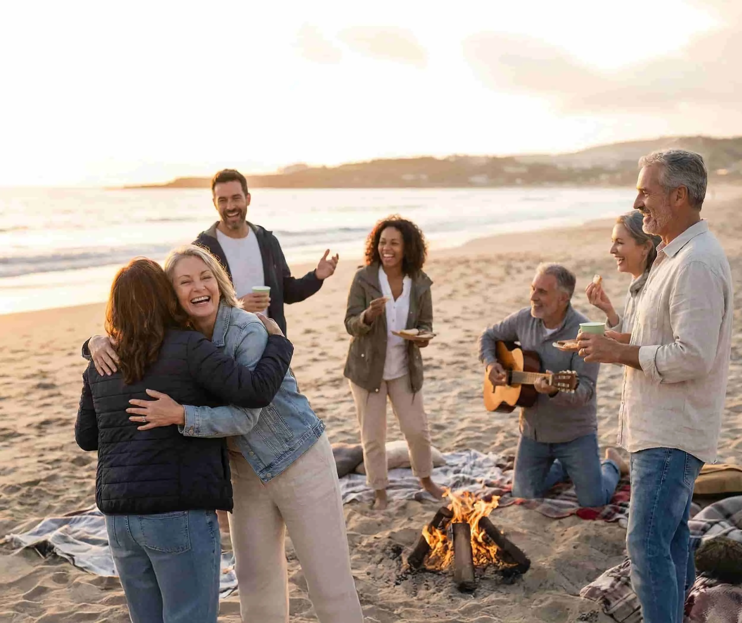Group of friends and family enjoying a beach bonfire at sunset, with some playing guitar, eating snacks, and hugging.