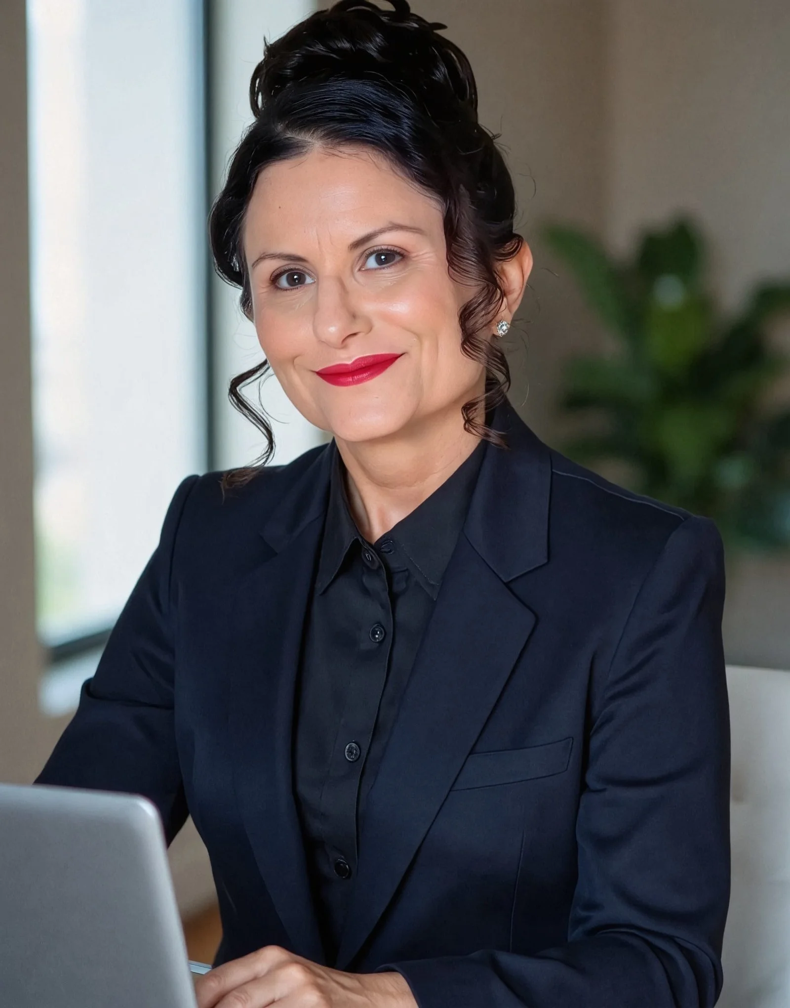 Professional woman with dark hair, red lipstick, in a black blazer, sitting at a desk with a laptop in a modern office setting.