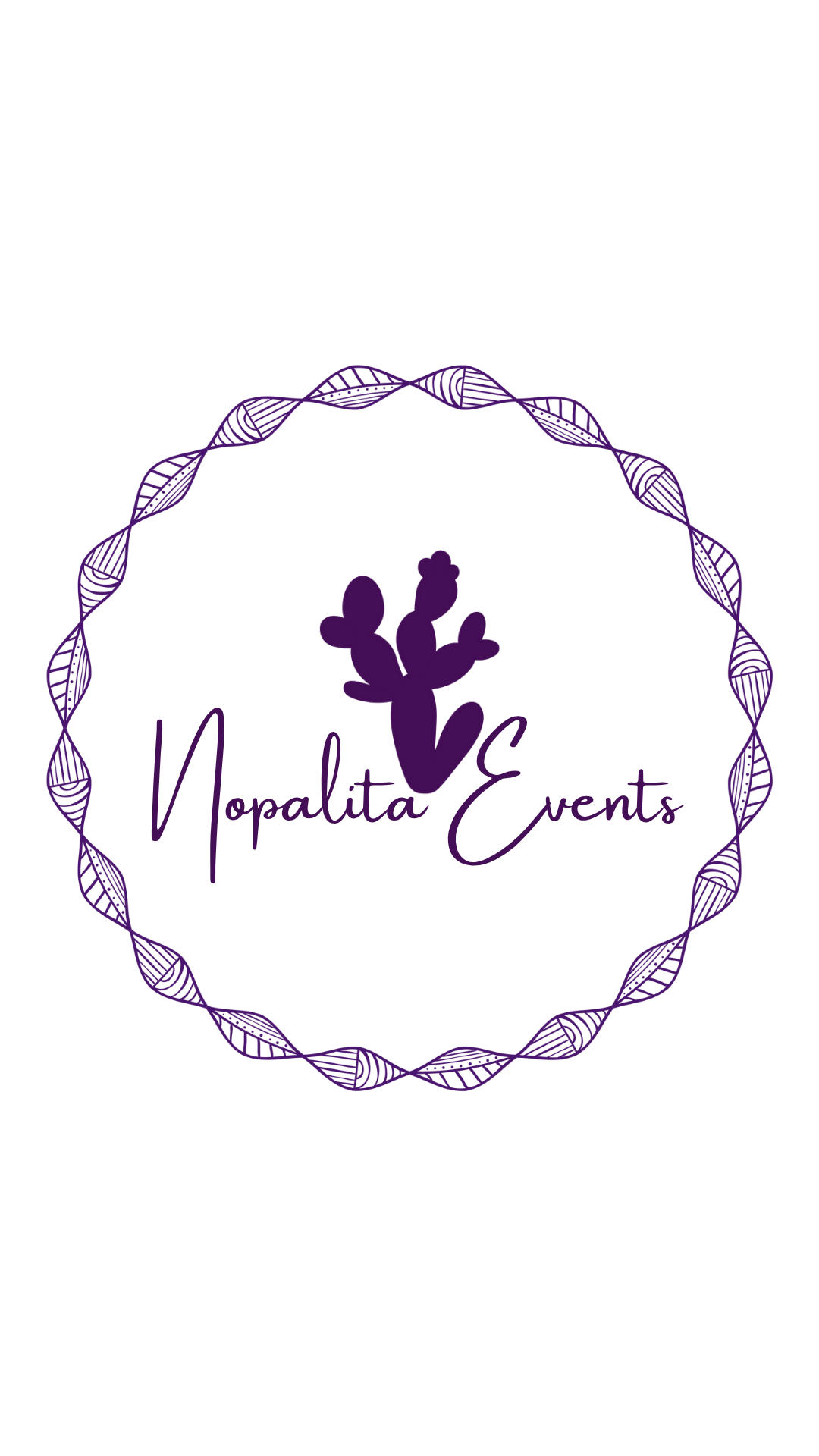 A black background with a purple decorative circular border. Inside, there is a purple cactus graphic and the text "Nopalita Events" in purple cursive font.