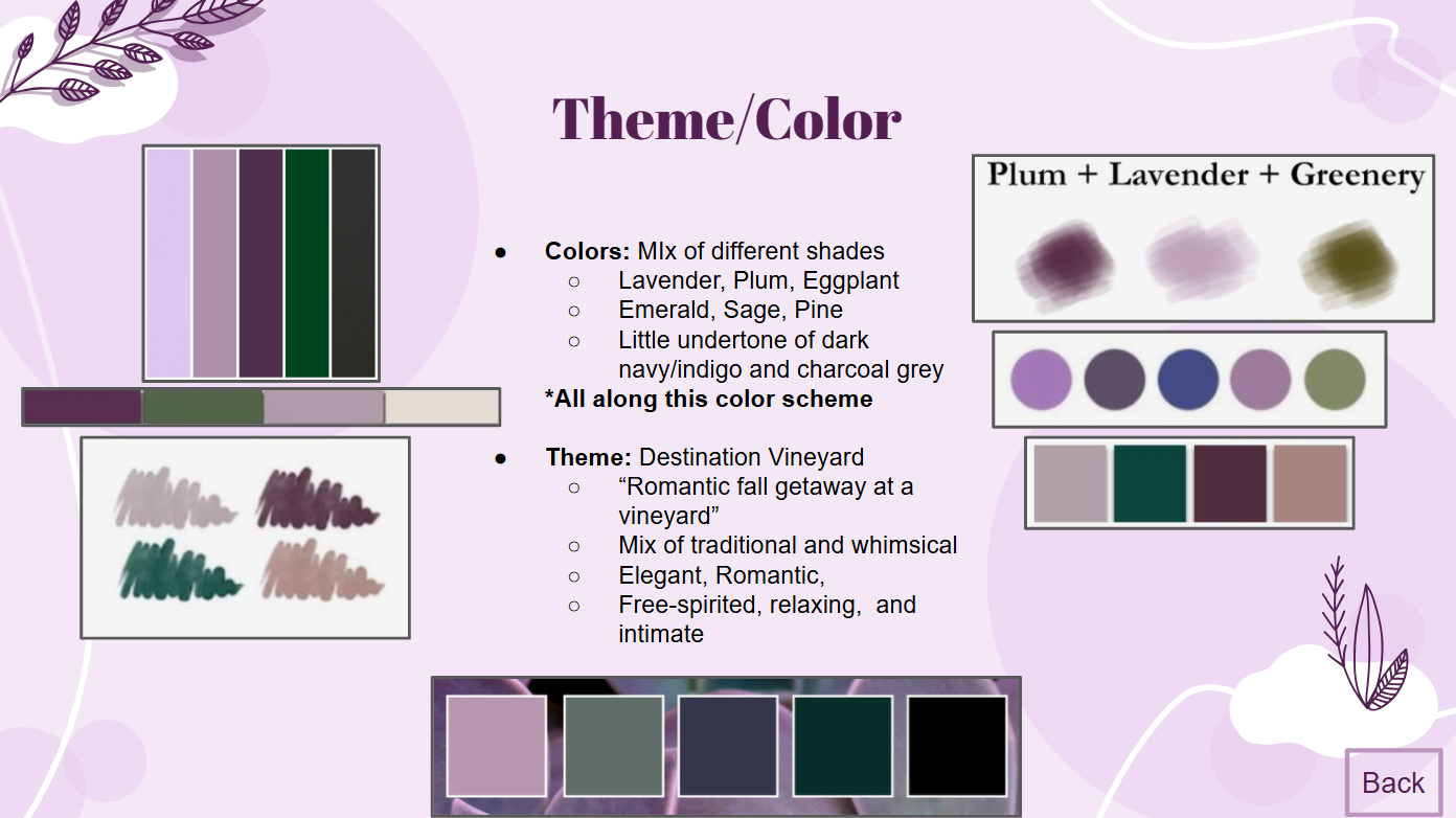 A presentation slide about a color theme called 'Plum + Lavender + Greenery.' It features a color palette, watercolor swatches, and descriptions of colors like lavender, plum, olive, emerald, sage, pine, navy, indigo, and charcoal grey. The theme is inspired by a destination vineyard with romantic and elegant qualities, suitable for fall, and relaxed, intimate settings.