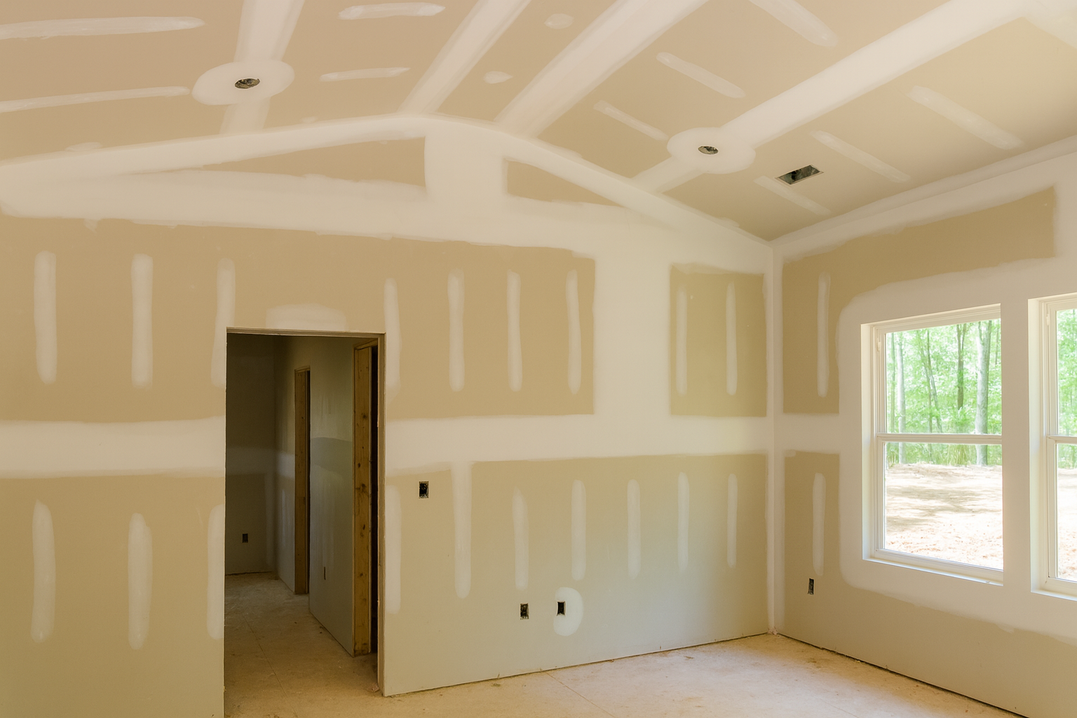 Room under construction with drywall installed, window showing trees outside, and ceiling with recessed lighting holes.