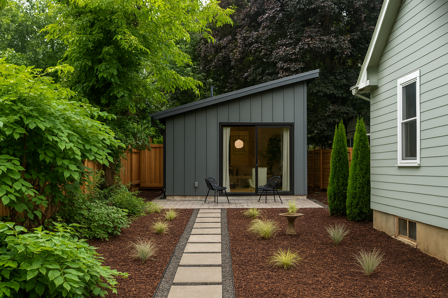 Backyard scene with a modern, small gray ADU and a patio with two chairs, surrounded by green trees and bushes, with a paved walkway leading to the building.