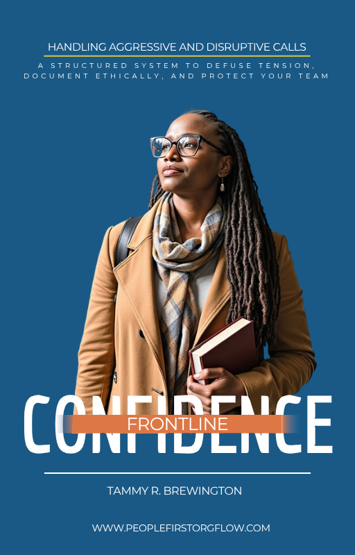 Book cover titled "Handling Aggressive and Disruptive Calls" with a woman wearing glasses and a tan coat, holding a notebook, against a blue background.