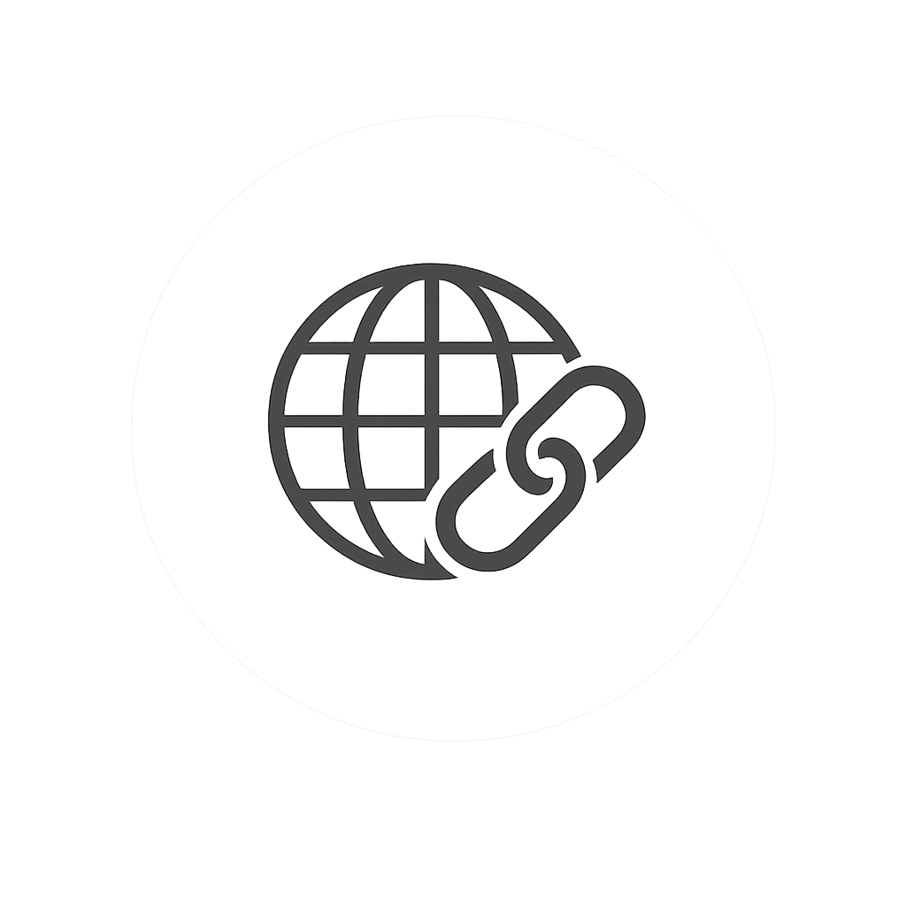 Global network icon with a chain link, representing internet connectivity or online security.