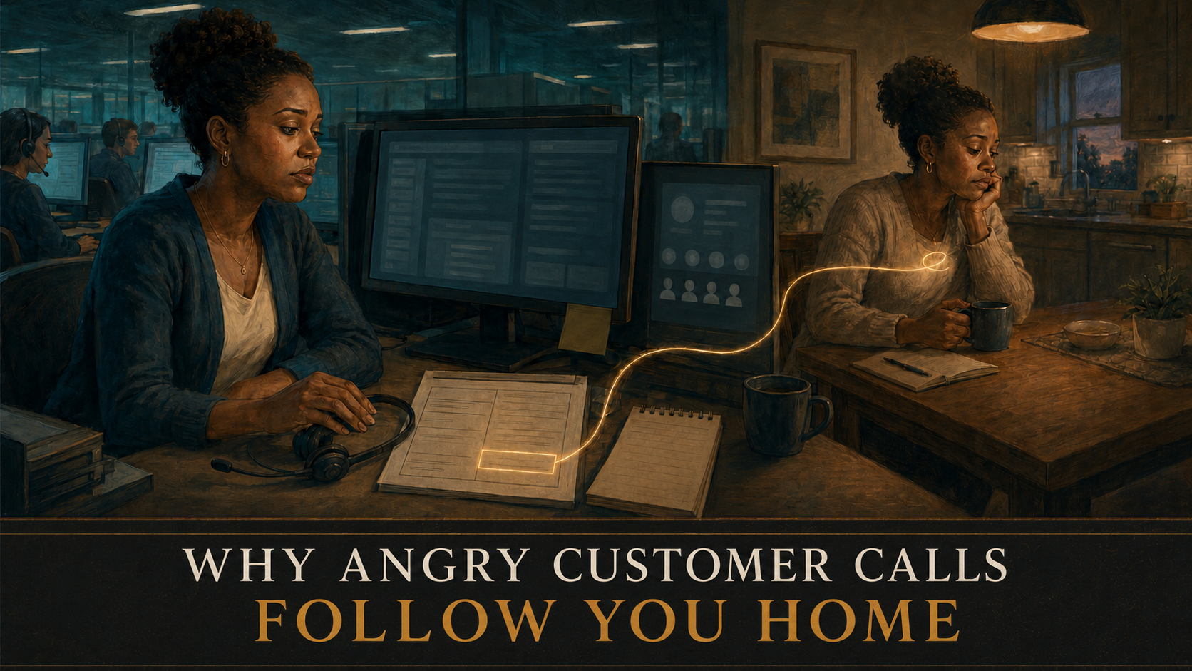 Frontline worker replaying a difficult customer call at home after her shift, illustrating how unresolved responsibility follows her beyond work