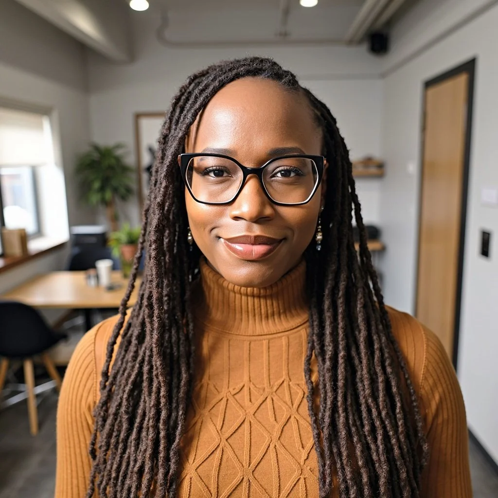 A woman with glasses and long, twisted hair smiling indoors in a modern office space.