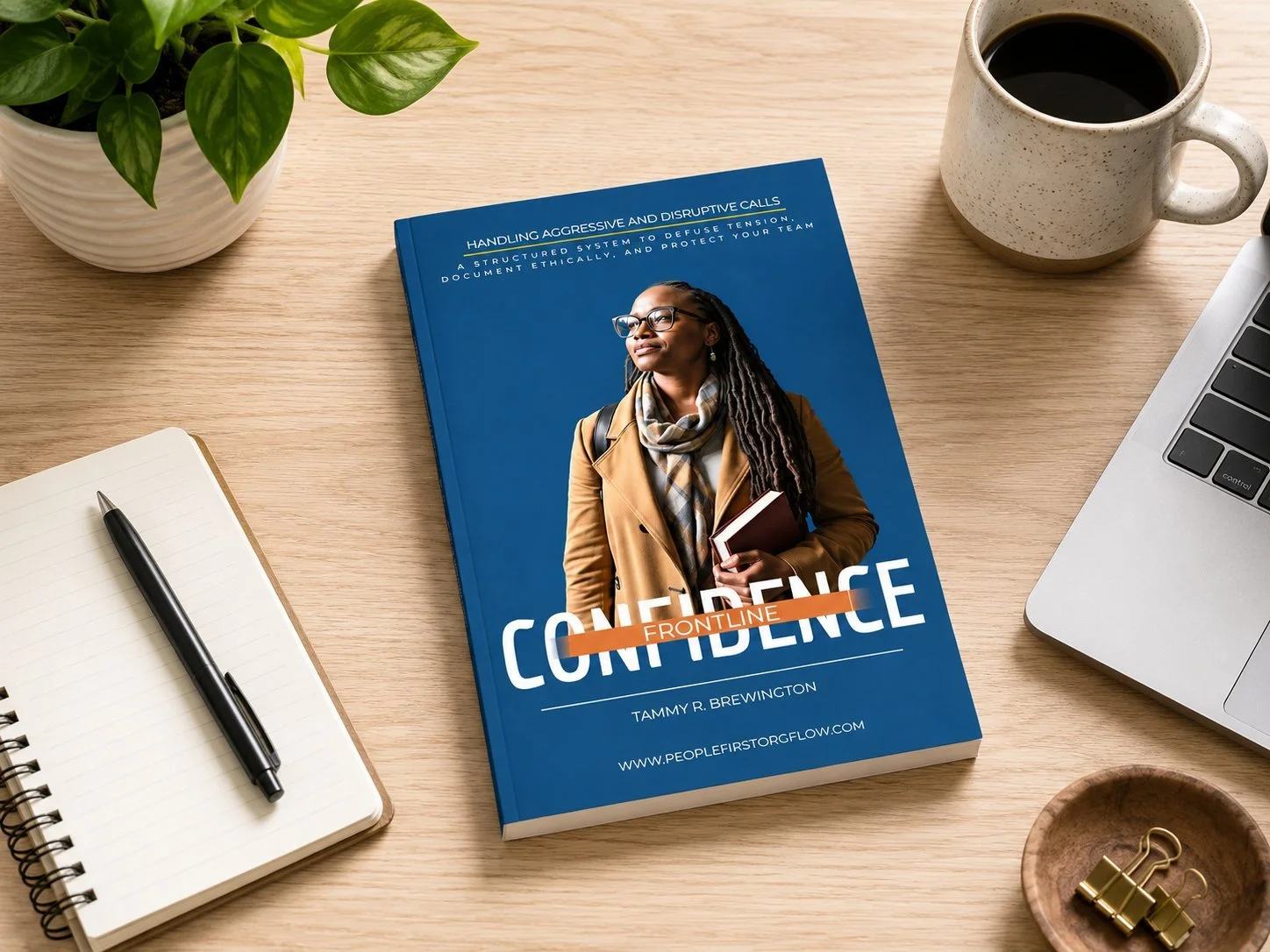 Book titled "Confidence Frontline" by Tammy R. Brewington on a wooden desk, accompanied by a notebook with a pen, a potted plant, a cup of coffee, a laptop, and a small wooden tray with gold paper clips.