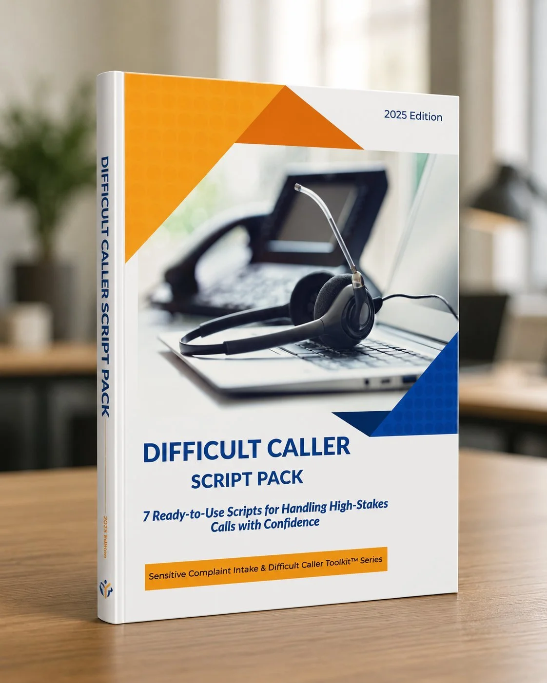 Book titled "Difficult Caller Script Pack" standing on a wooden desk, featuring a cover with a headset, a laptop, and a phone in the background, published in the 2025 edition.